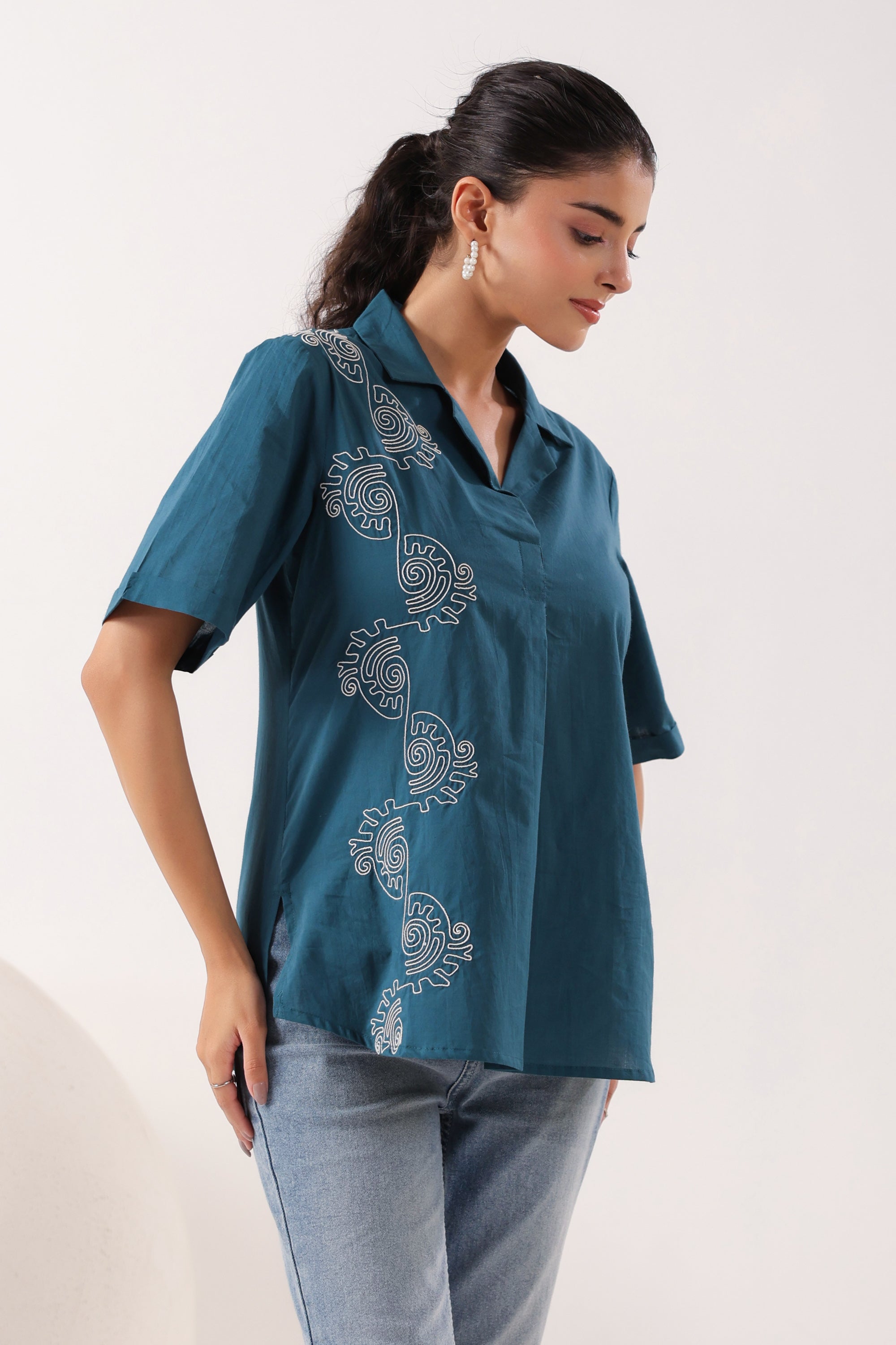 Spiral Elegance Teal Cotton Embroidered Top