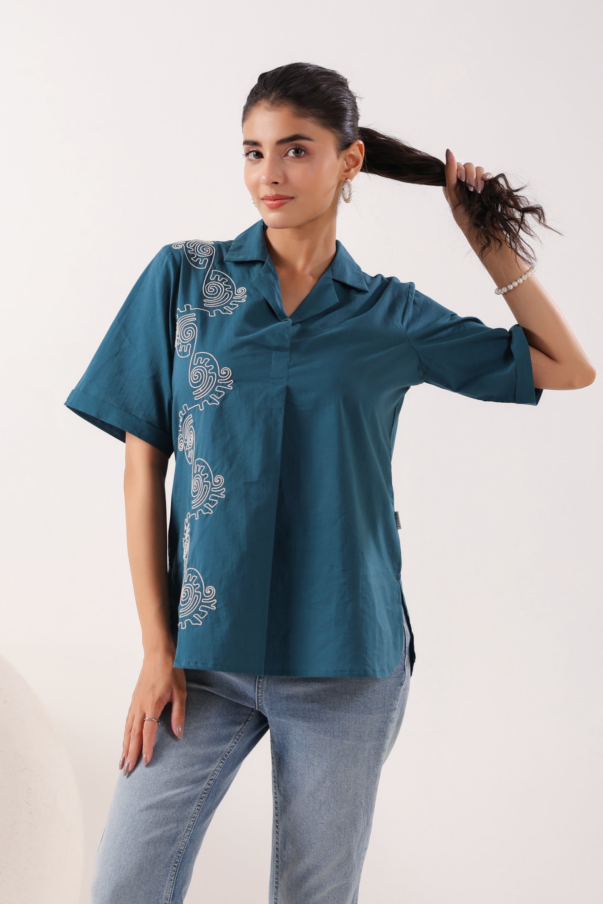 Spiral Elegance Teal Cotton Embroidered Top