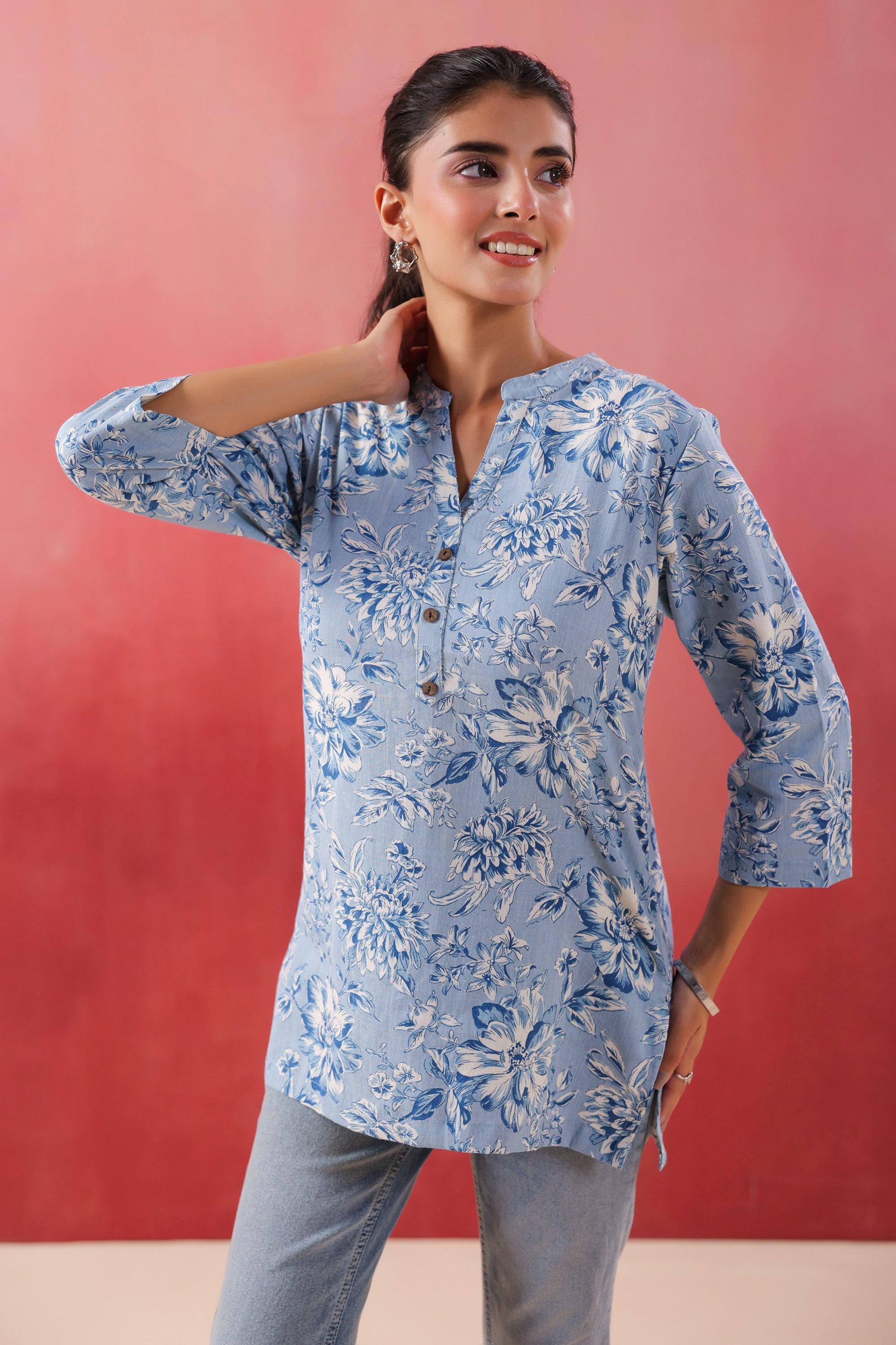 Teal Tide Everyday Blue Printed Cotton Flex Top