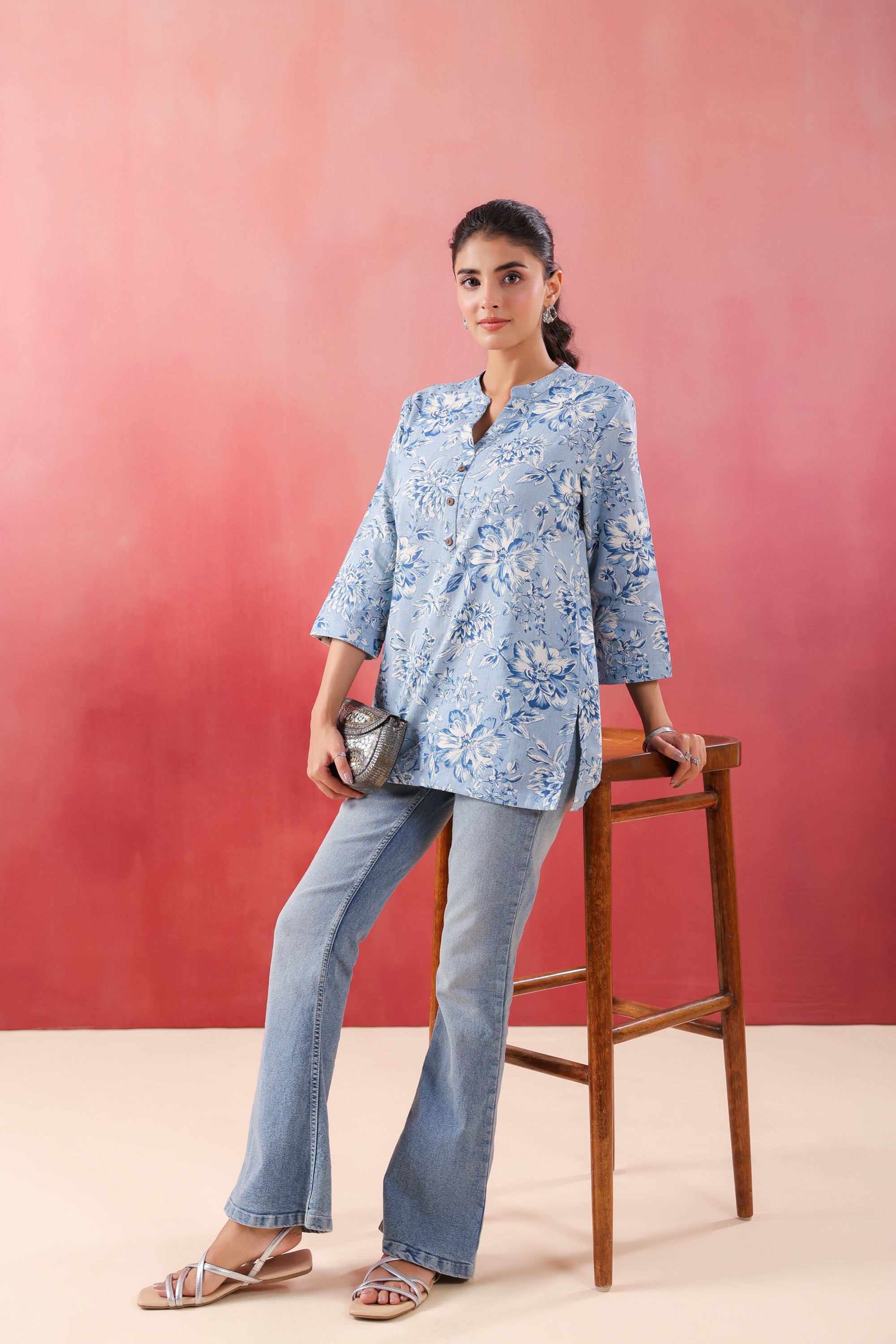 Teal Tide Everyday Blue Printed Cotton Flex Top