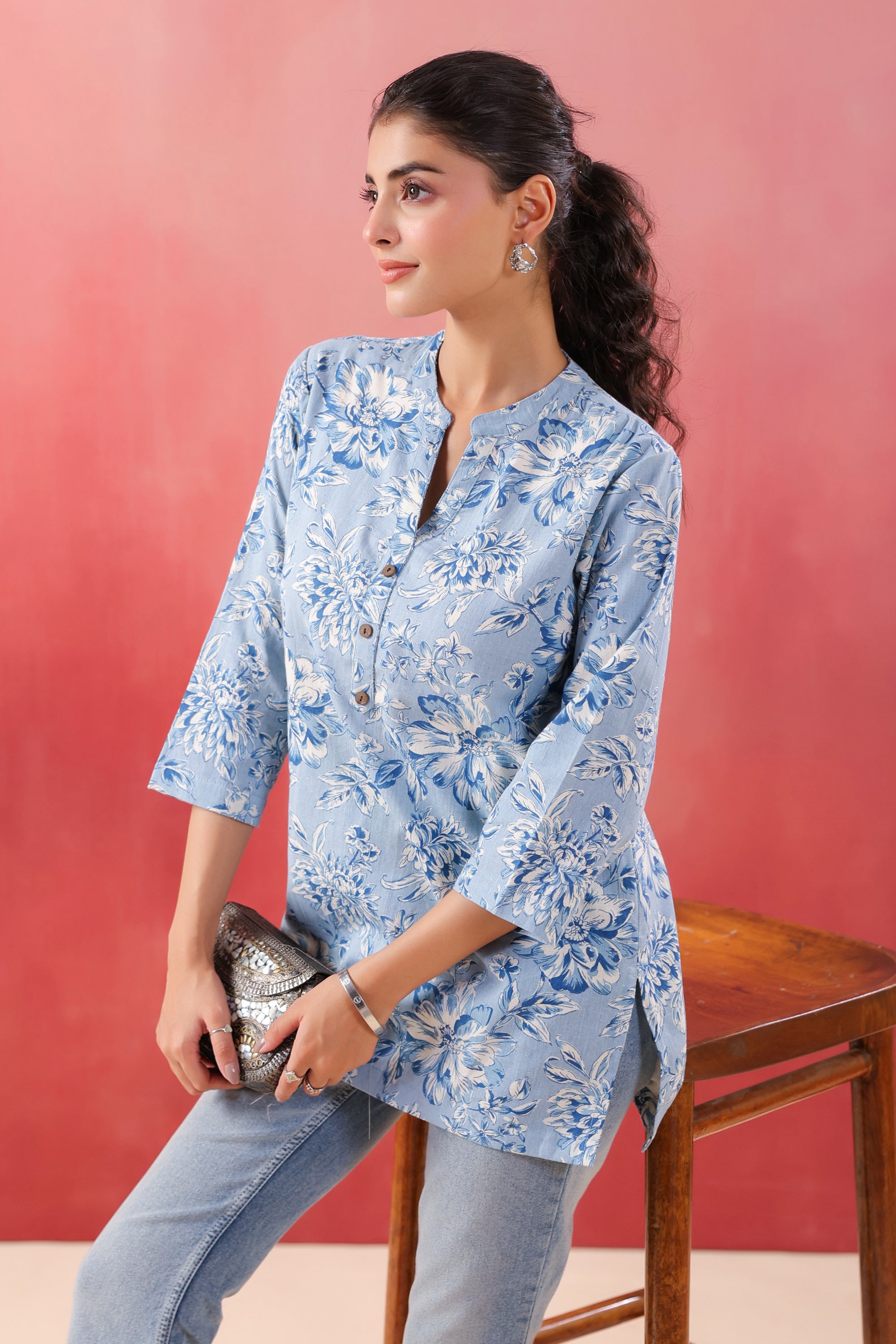 Teal Tide Everyday Blue Printed Cotton Flex Top