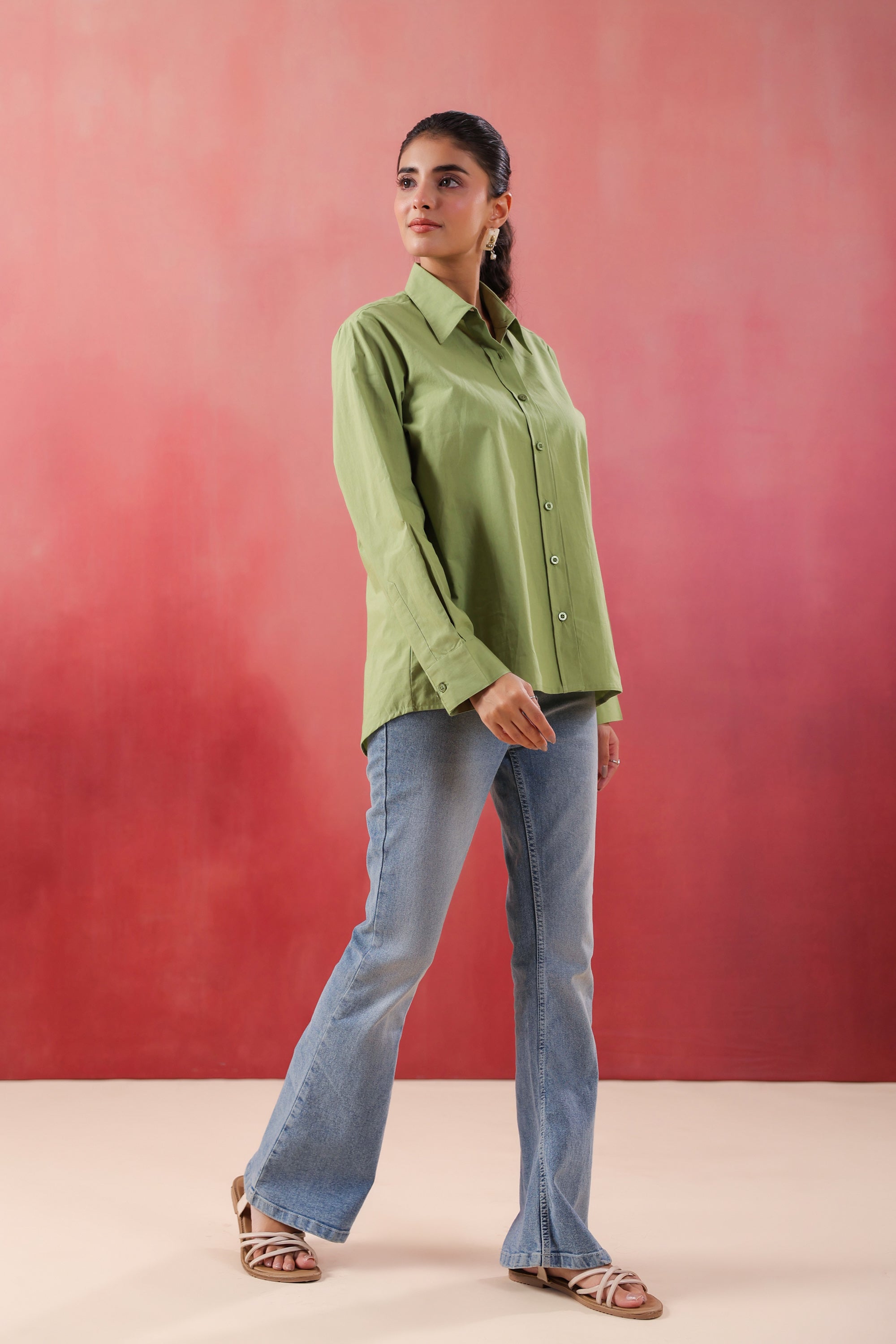 Pastel Meadow Long Sleeve Green Poplin Shirt
