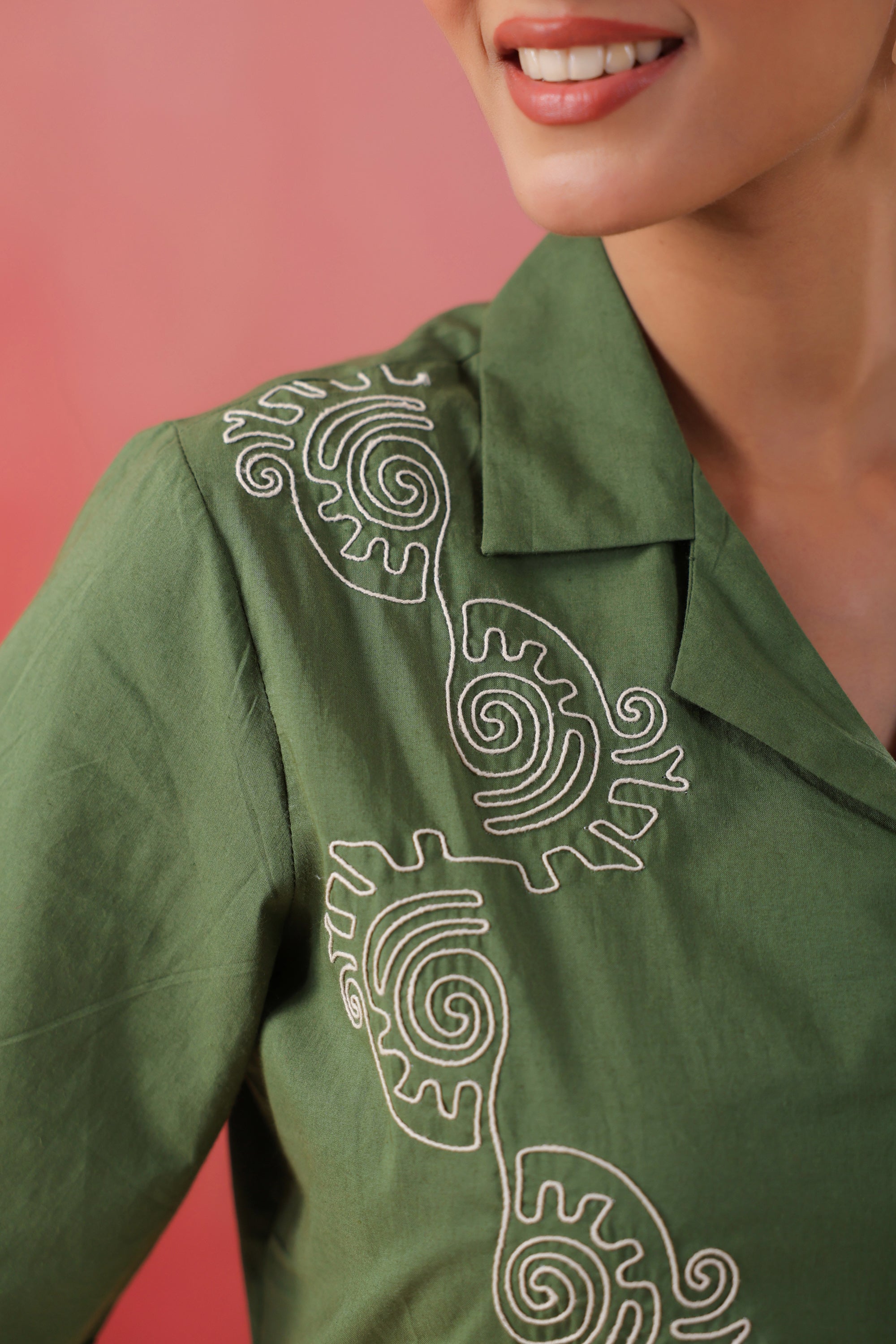 Abstract Swirl Collared Cotton Green Top