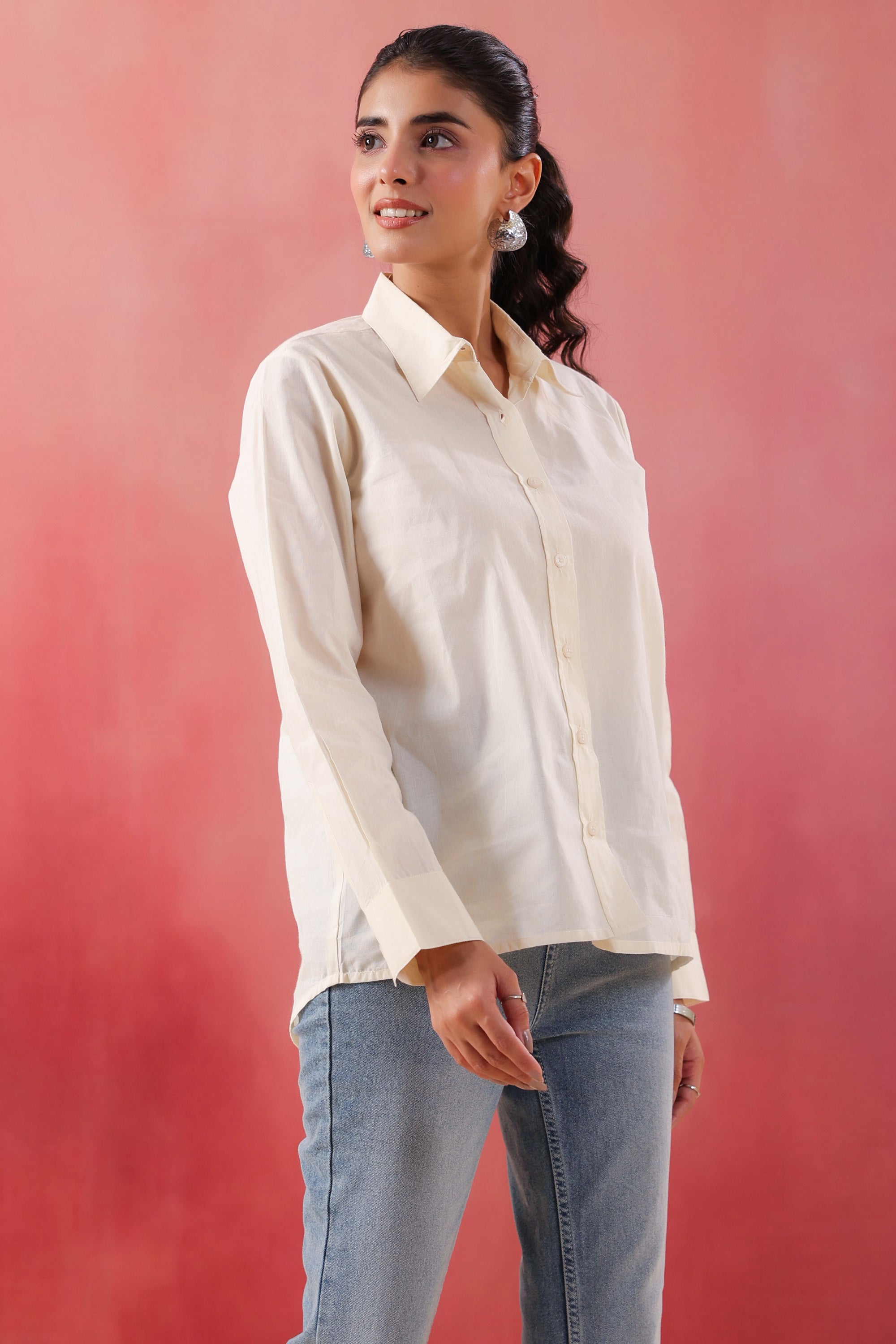 Ivory Glow Collared Off- White Poplin Shirt