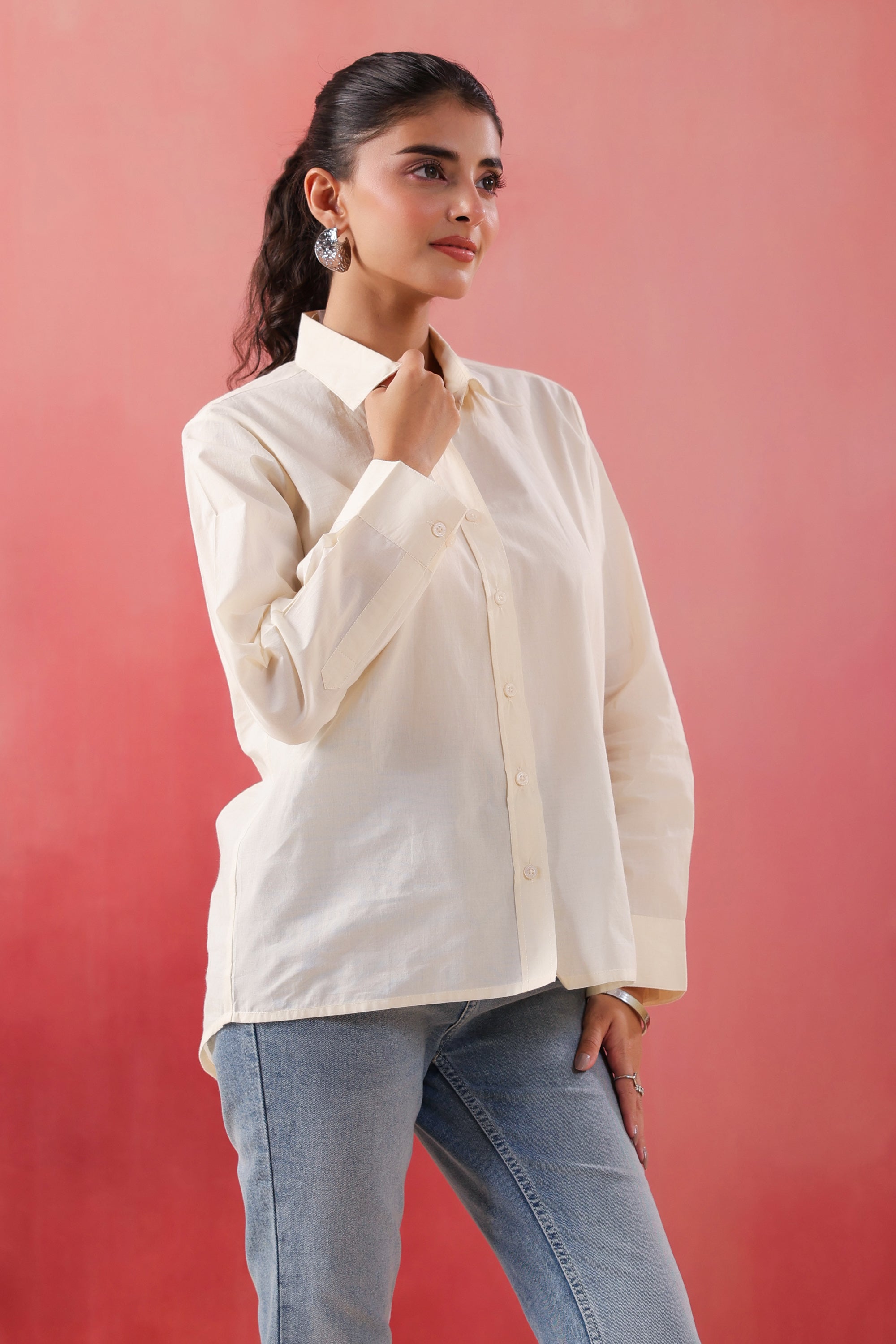 Ivory Glow Collared Off- White Poplin Shirt