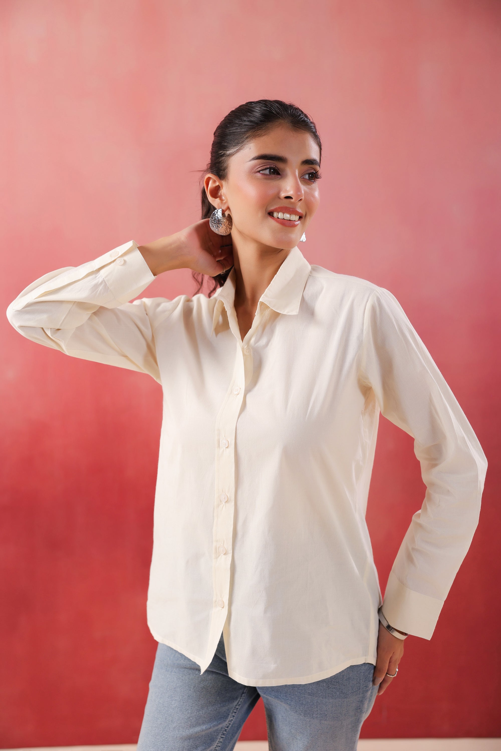Ivory Glow Collared Off- White Poplin Shirt