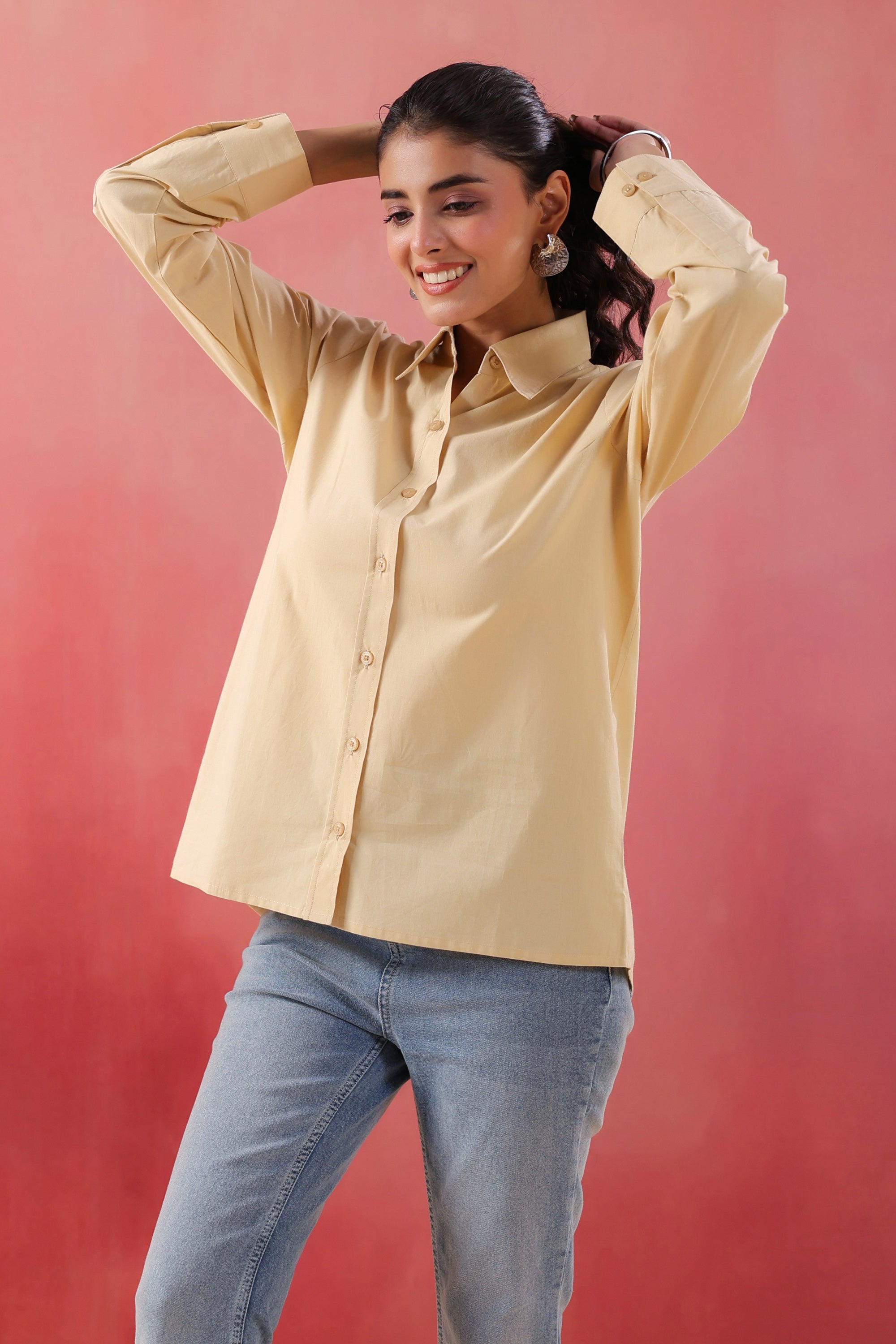 Sunny Whisper Collared Beige Poplin Shirt