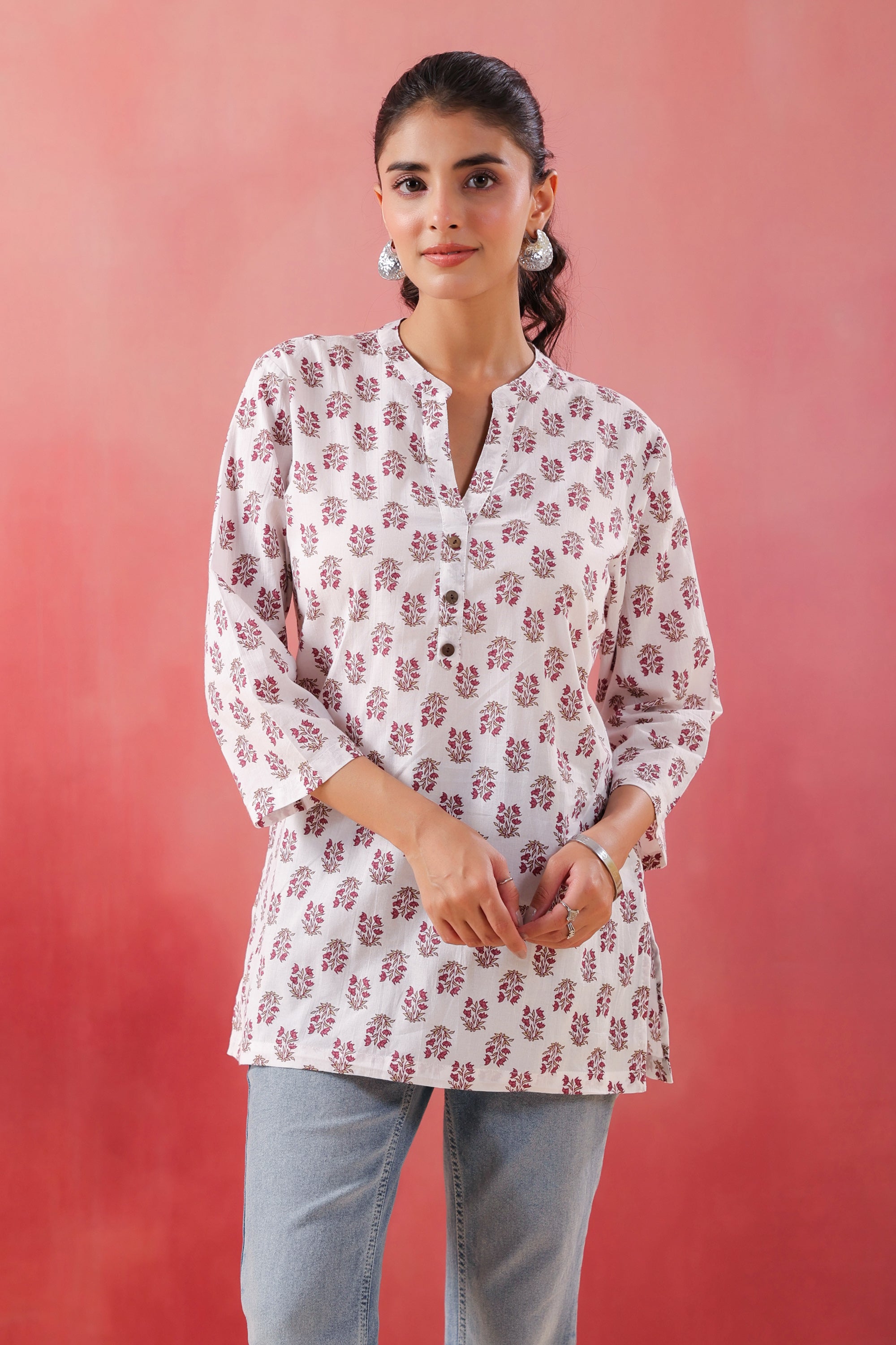 Crimson Charm White Cotton Printed Top
