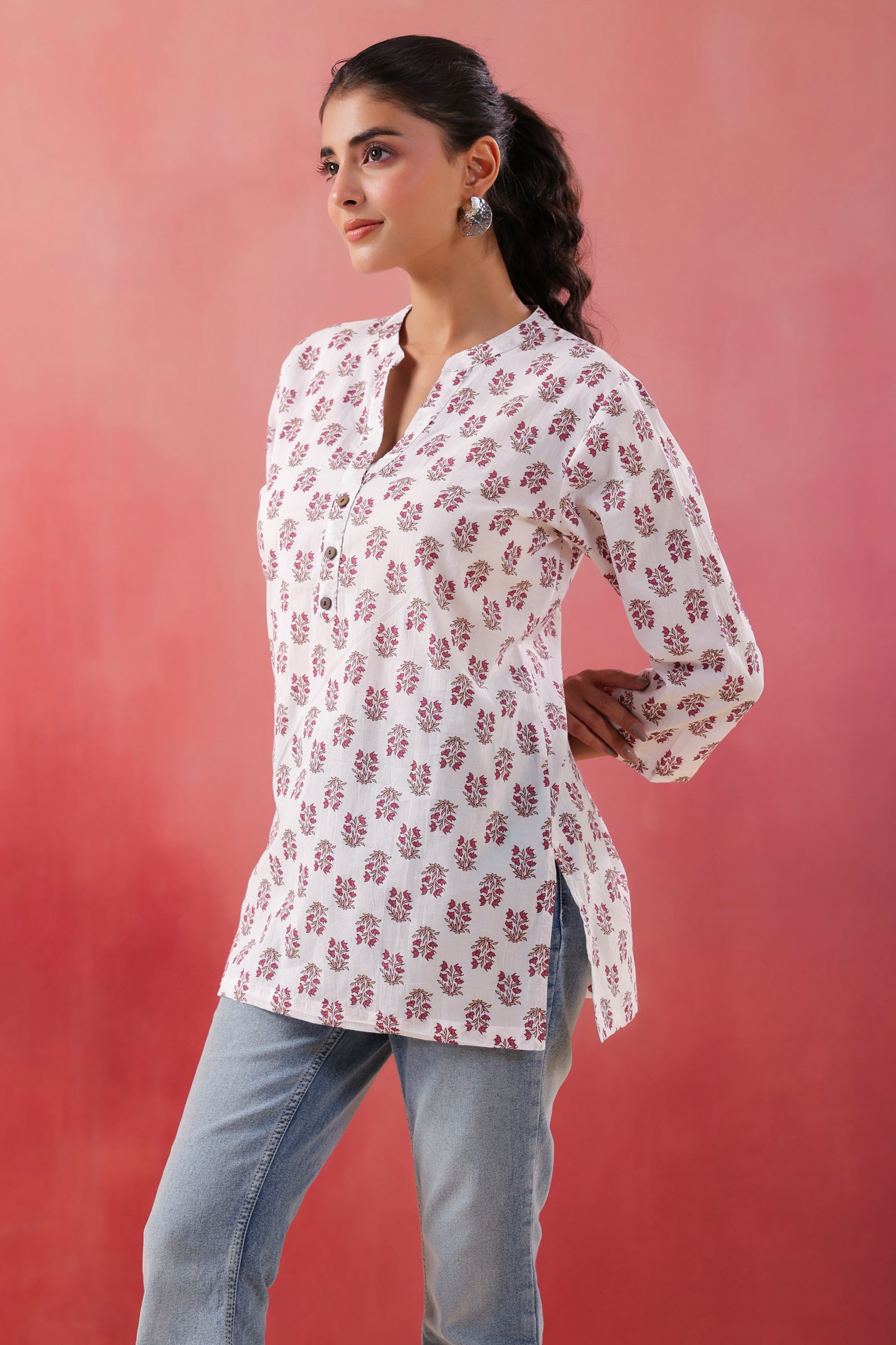 Crimson Charm White Cotton Printed Top