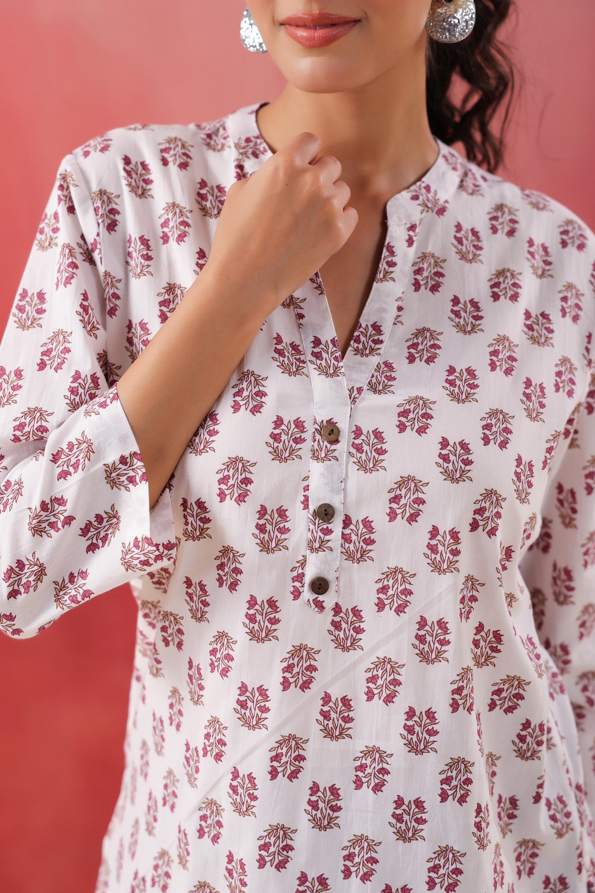 Crimson Charm White Cotton Printed Top