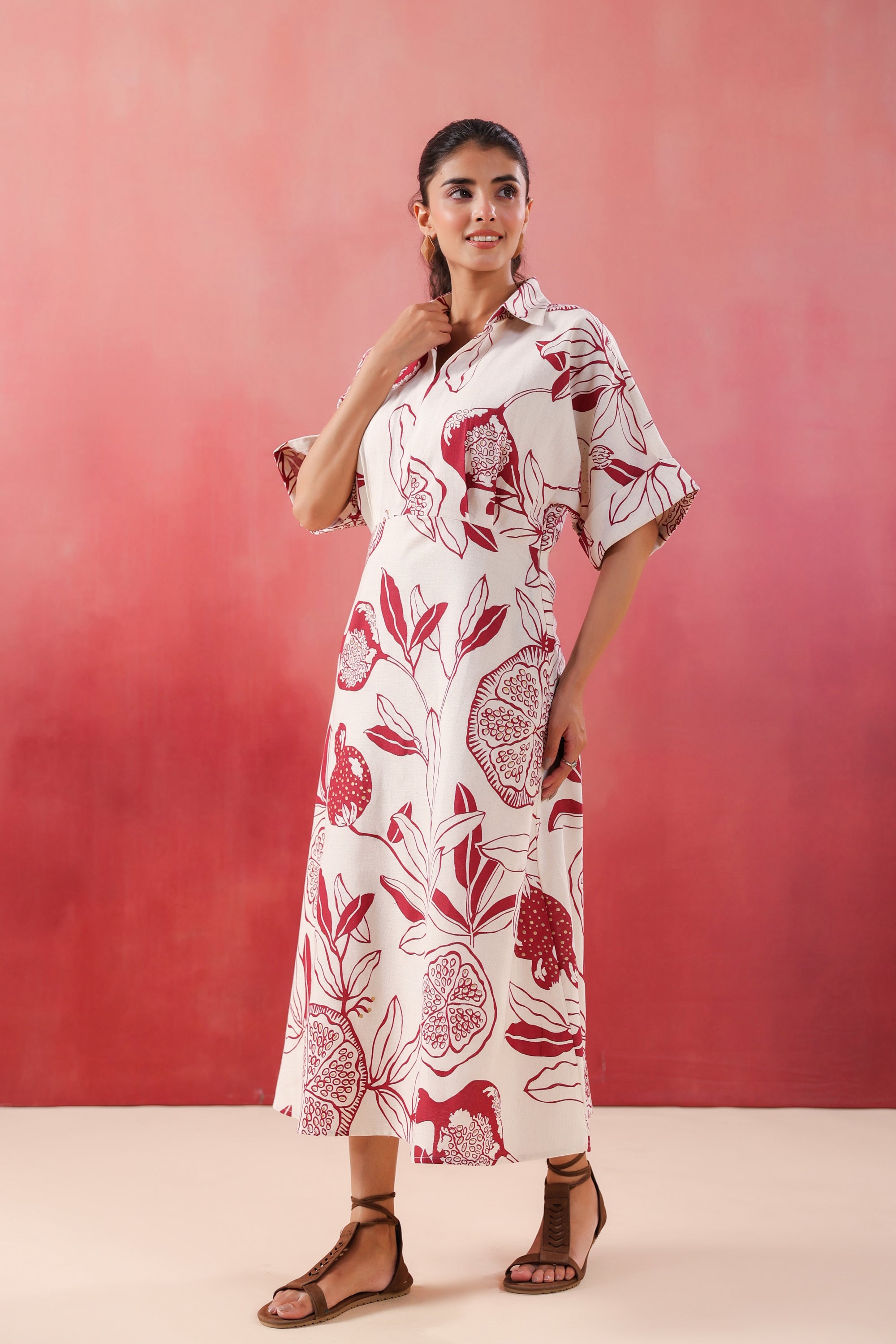Ivory Pomegranate Printed Maroon Cotton Flex Dress