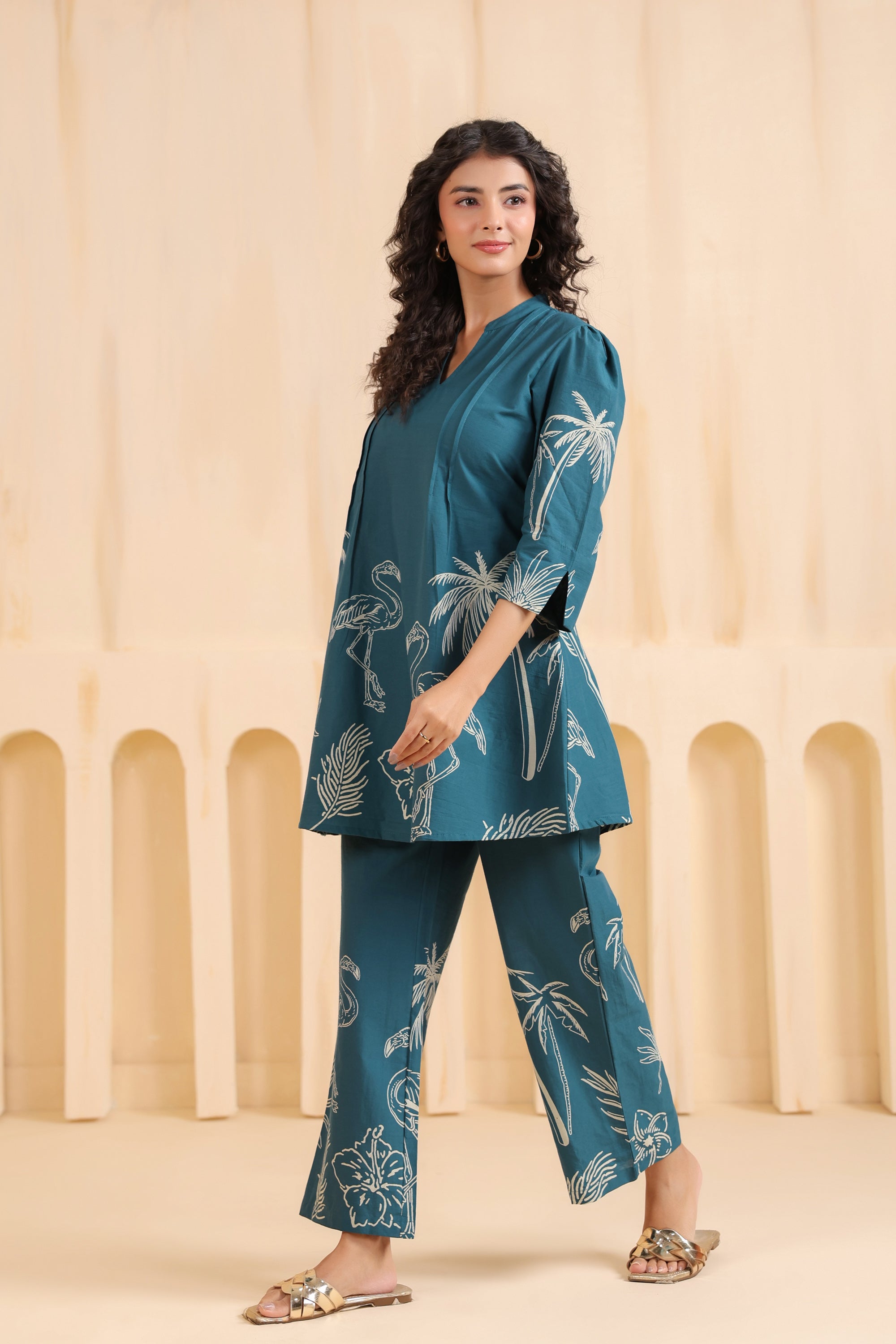 Teal Flamingo Printed Cotton Co-ord Set