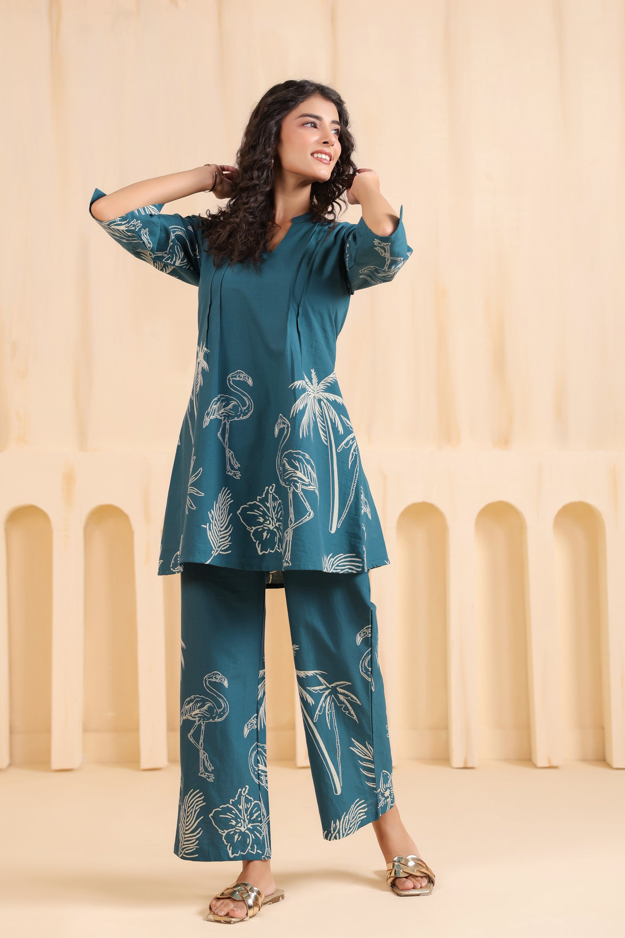 Teal Flamingo Printed Cotton Co-ord Set