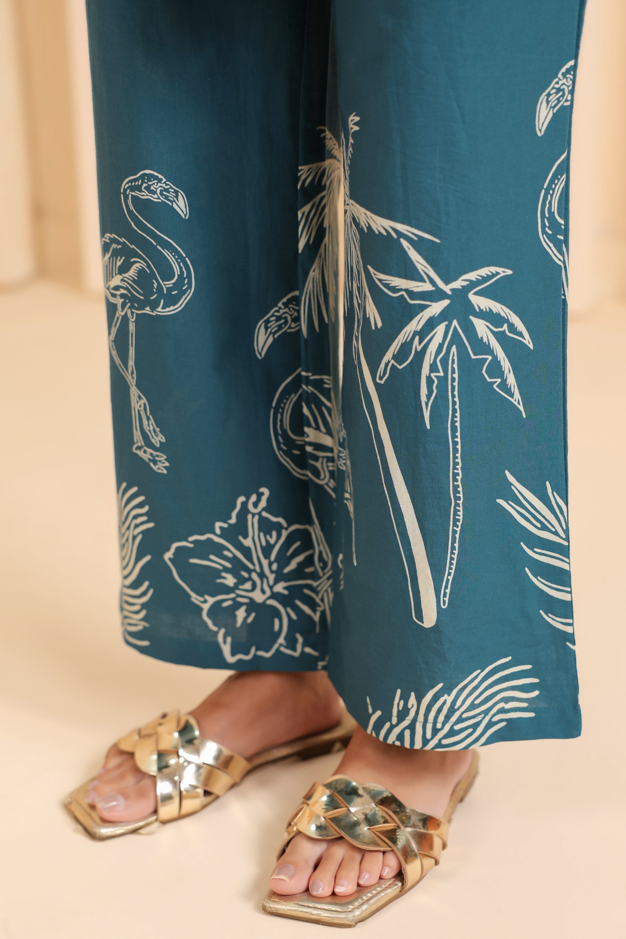 Teal Flamingo Printed Cotton Co-ord Set