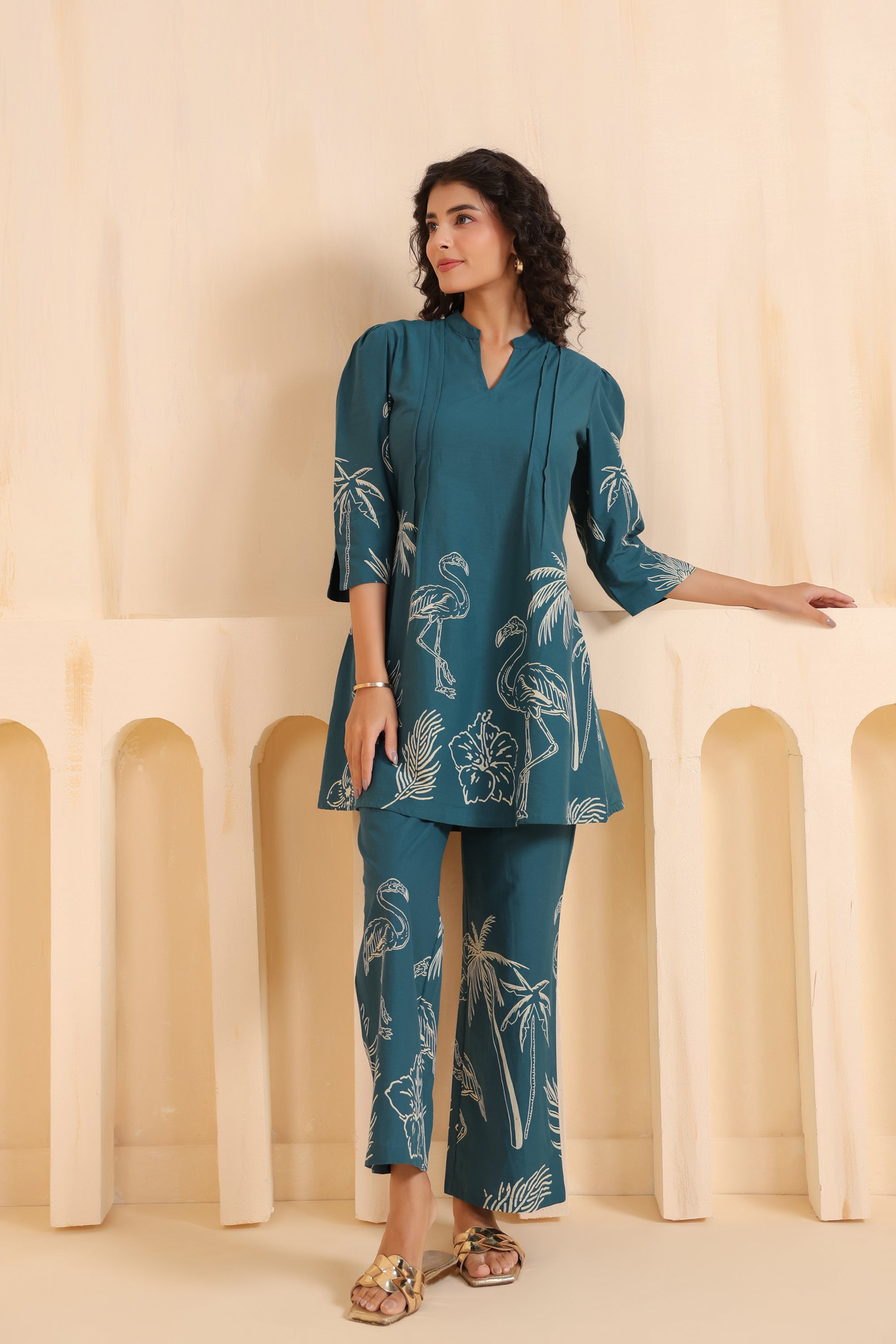 Teal Flamingo Printed Cotton Co-ord Set