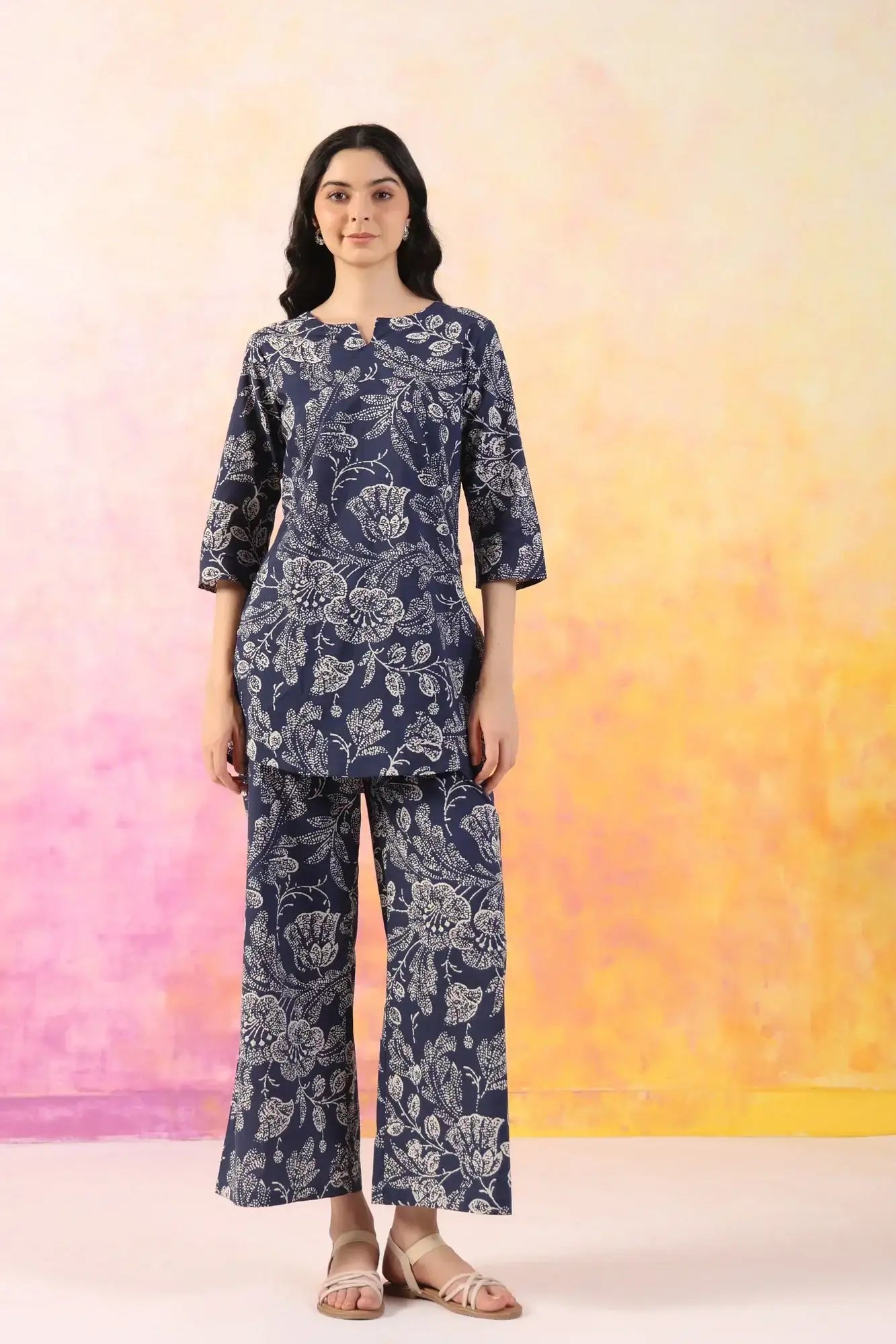 Botanic Harmony Blue Cotton Palazzo Loungewear Set