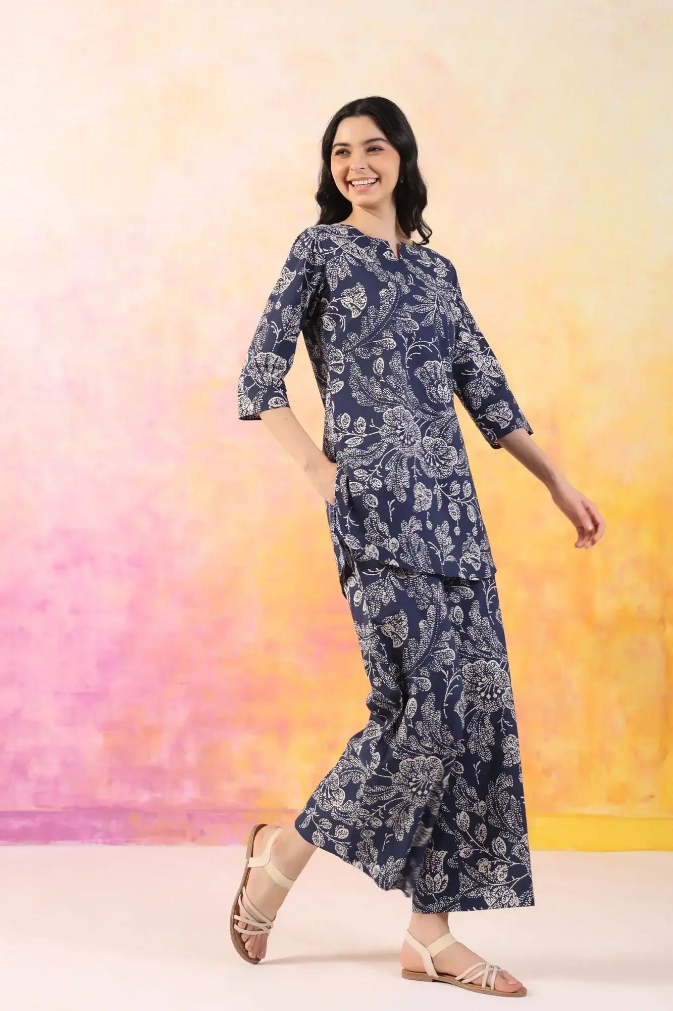 Botanic Harmony Blue Cotton Palazzo Loungewear Set