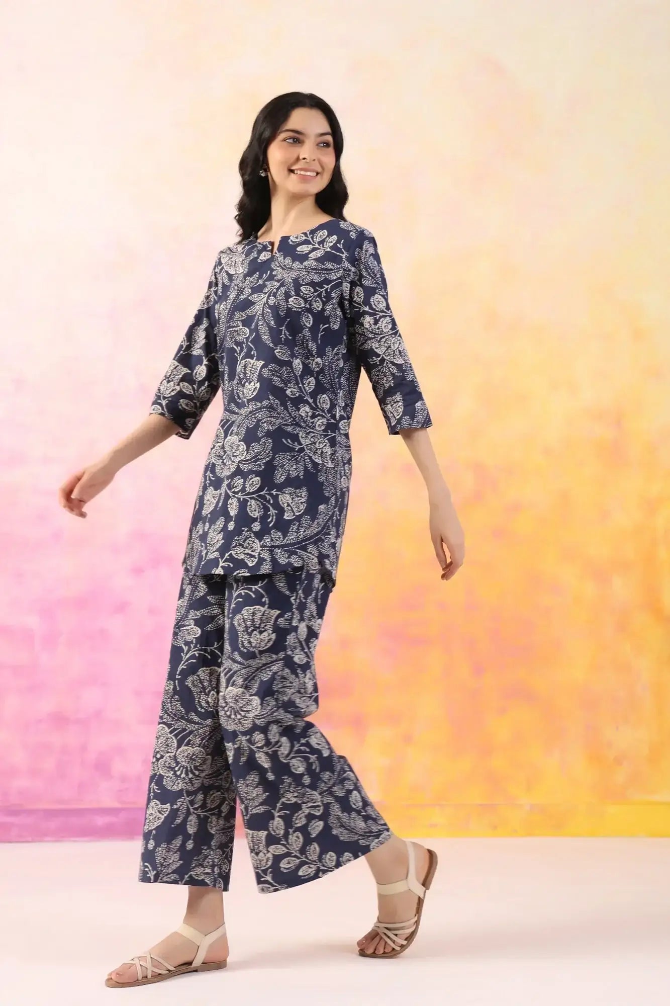 Botanic Harmony Blue Cotton Palazzo Loungewear Set