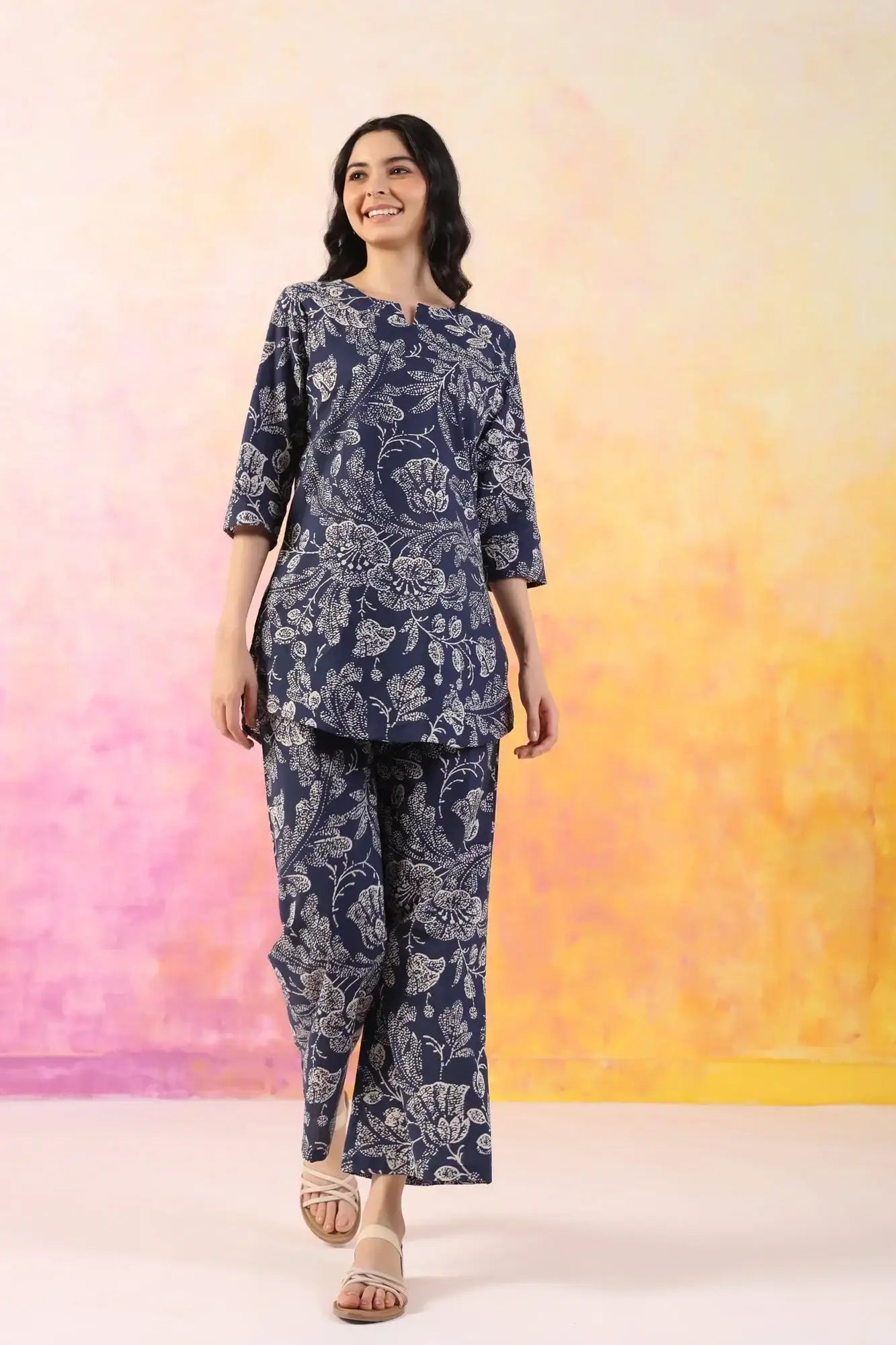 Botanic Harmony Blue Cotton Palazzo Loungewear Set