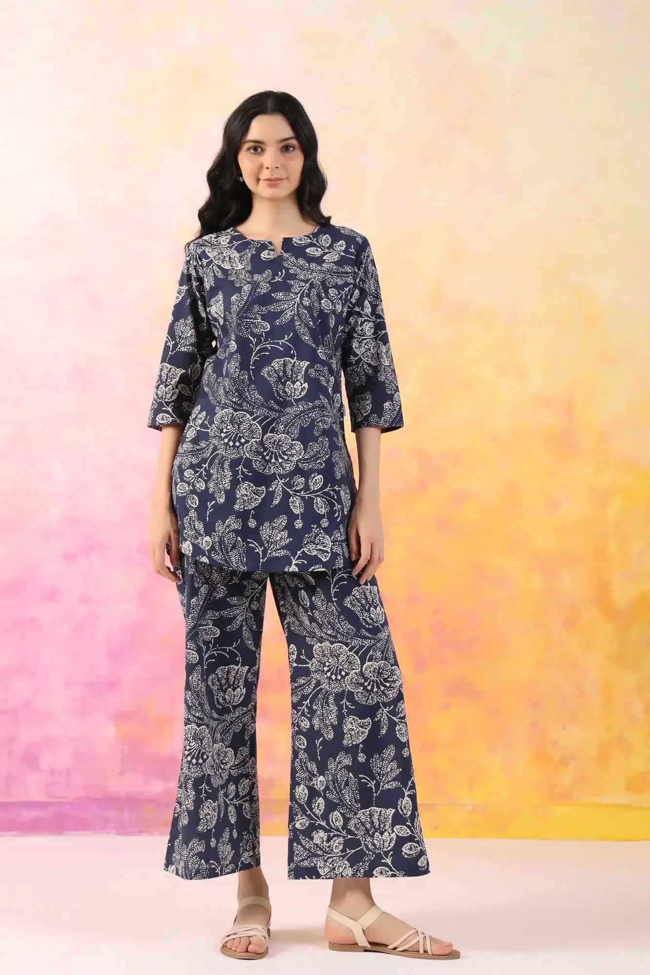 Botanic Harmony Blue Cotton Palazzo Loungewear Set