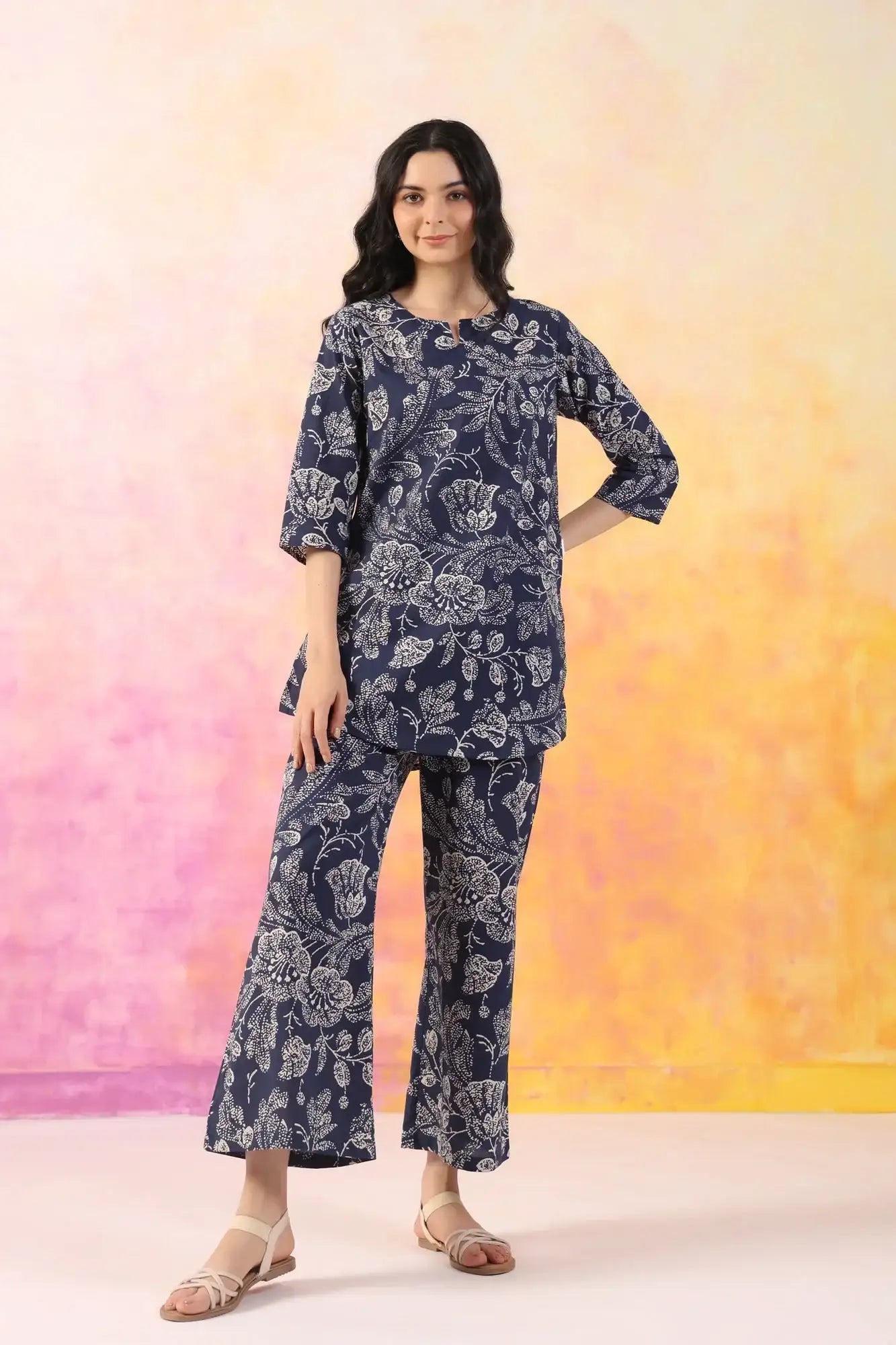 Botanic Harmony Blue Cotton Palazzo Loungewear Set