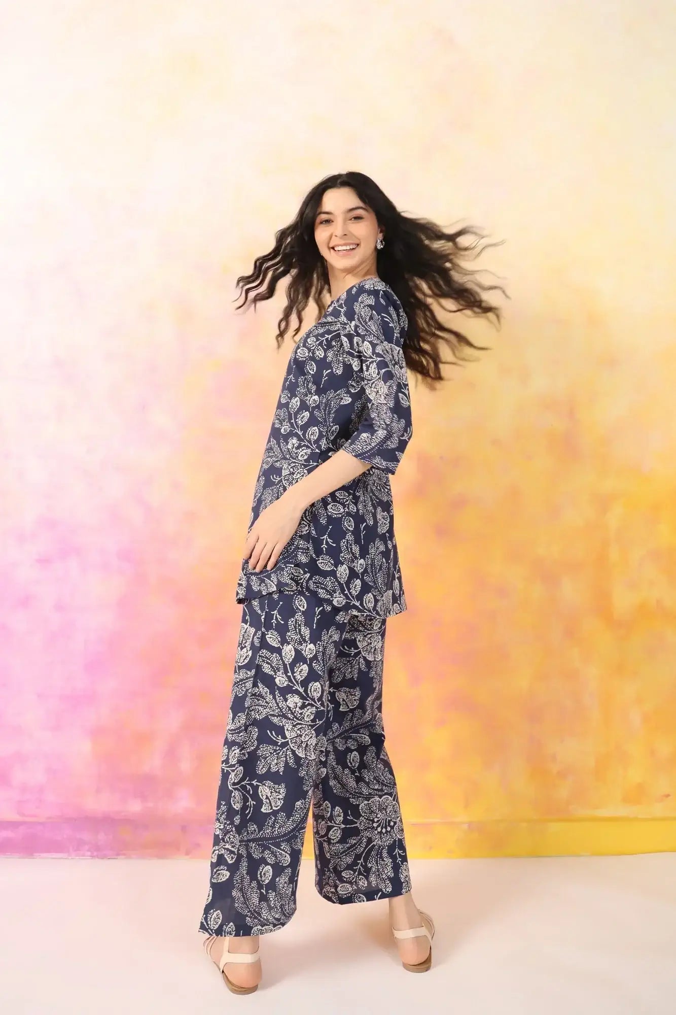 Botanic Harmony Blue Cotton Palazzo Loungewear Set