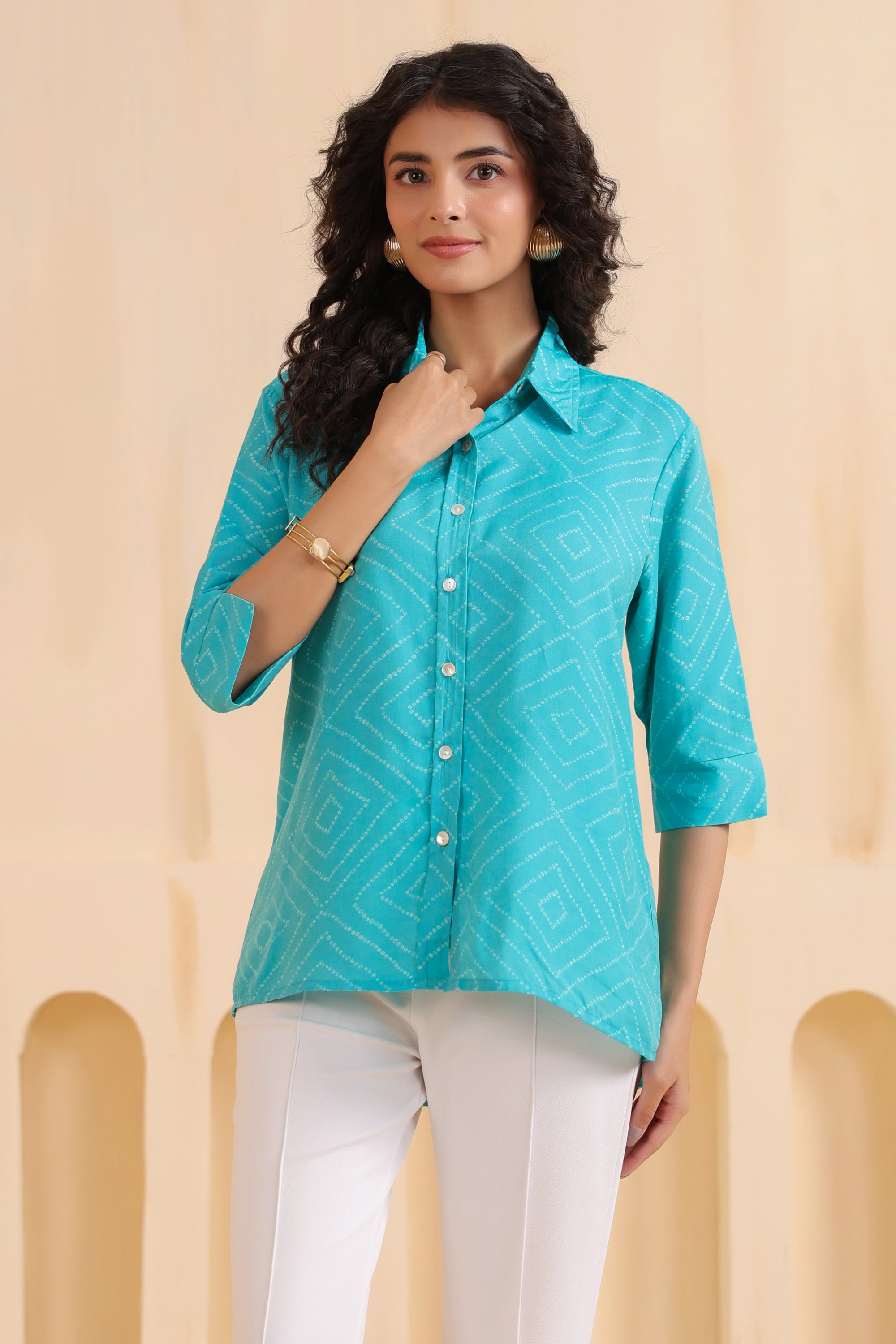 Aqua Geometry Classic Button-Down Muslin Silk Shirt