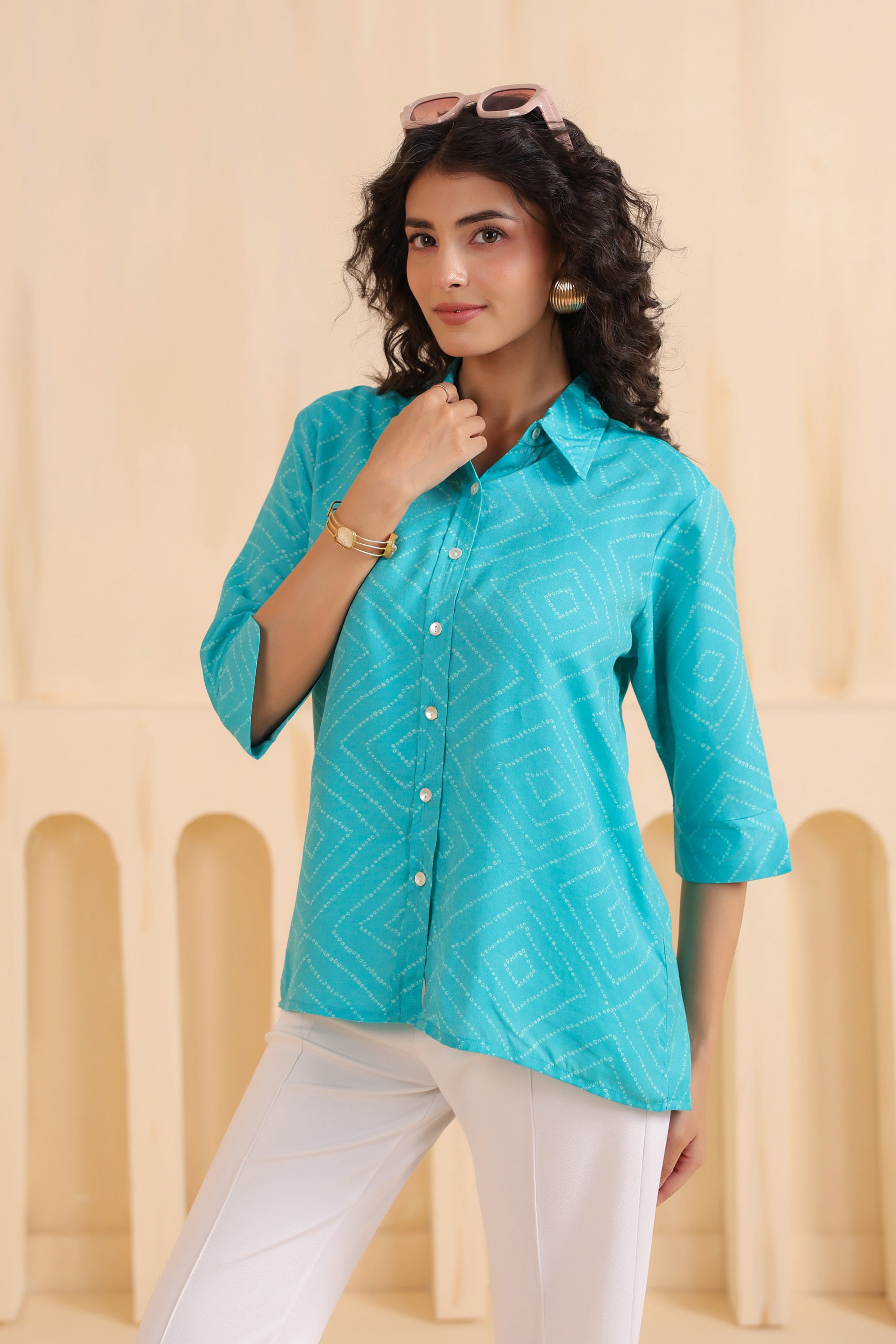 Aqua Geometry Classic Button-Down Muslin Silk Shirt