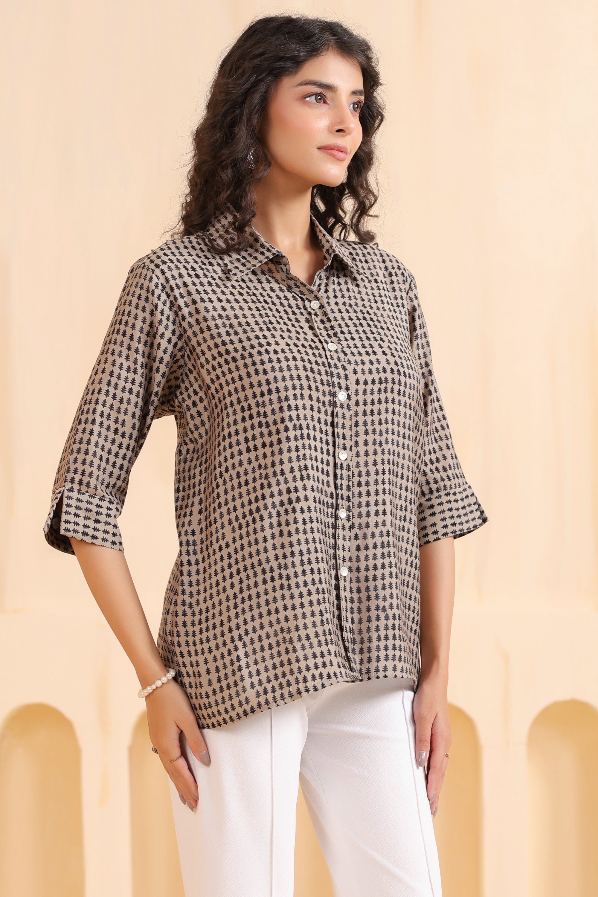 Mocha Mini Motif Everyday Muslin Silk Shirt