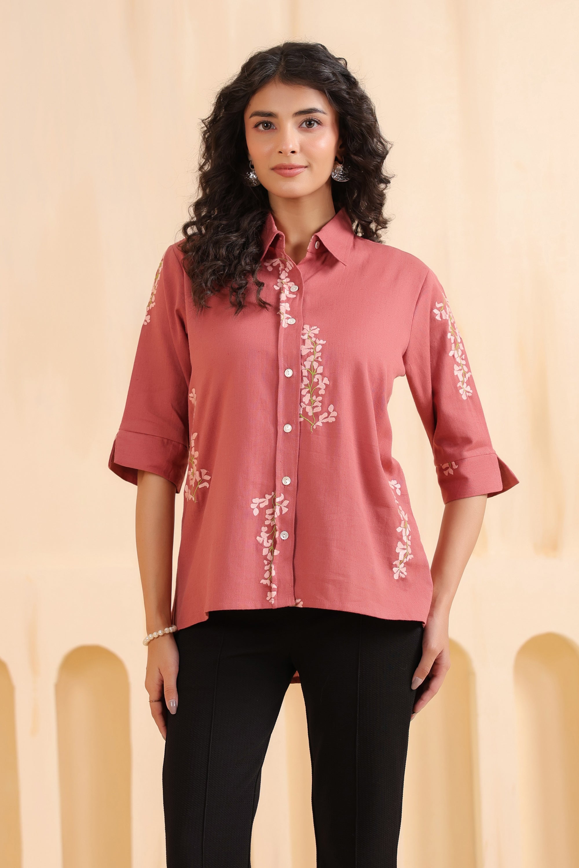 Rosewood Blossom Embroidered Cotton Flex Shirt