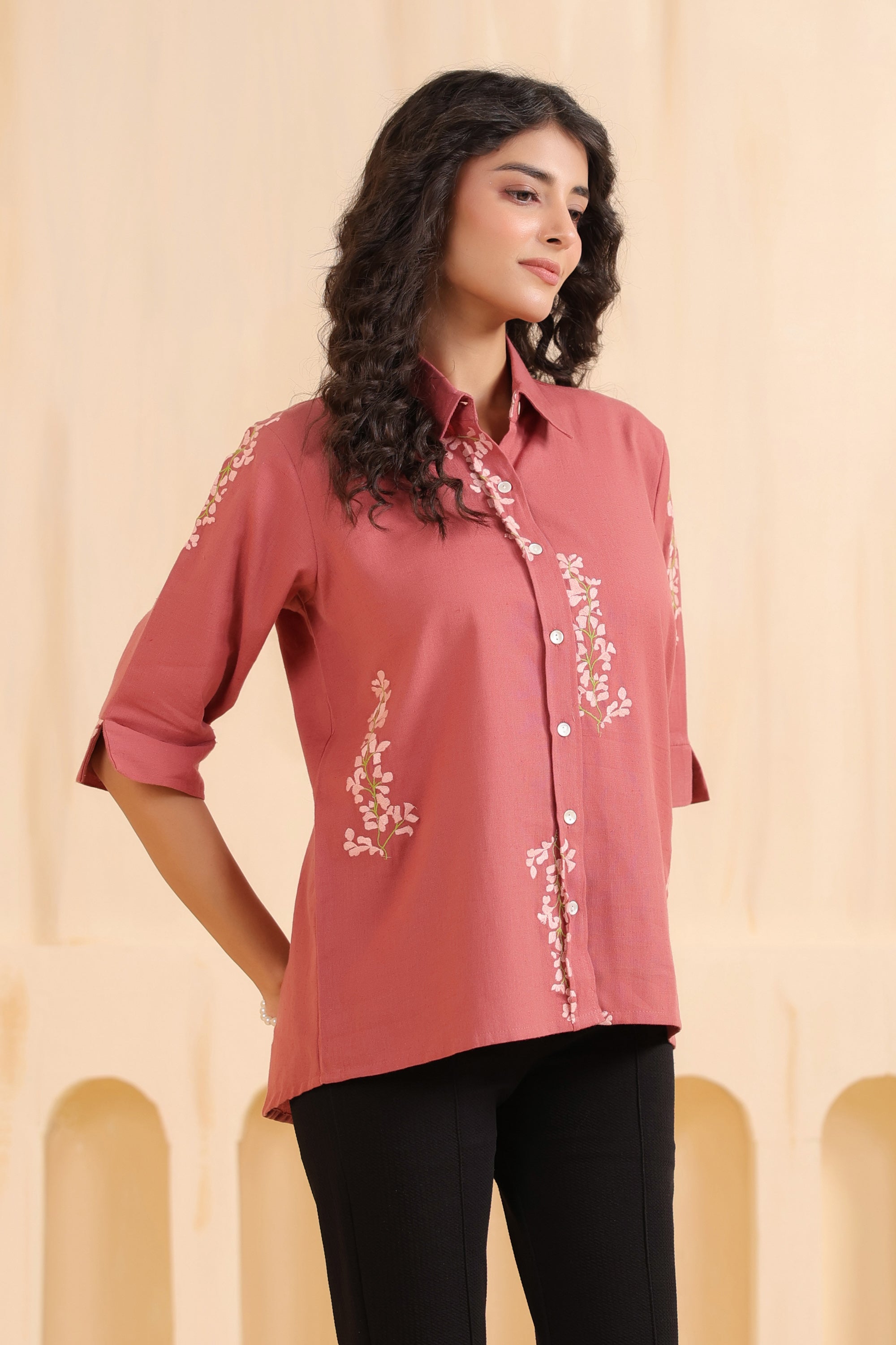 Rosewood Blossom Embroidered Cotton Flex Shirt