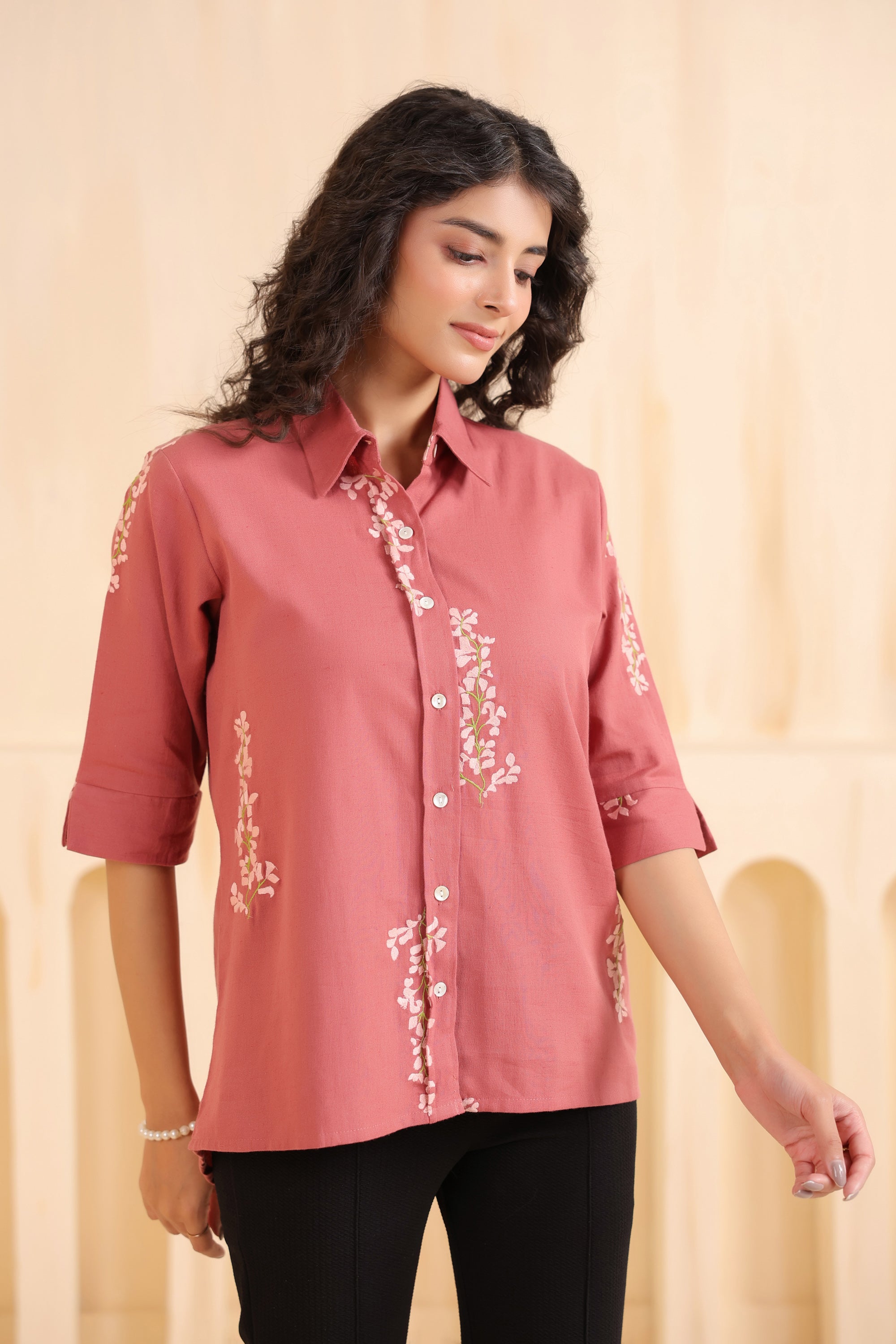 Rosewood Blossom Embroidered Cotton Flex Shirt