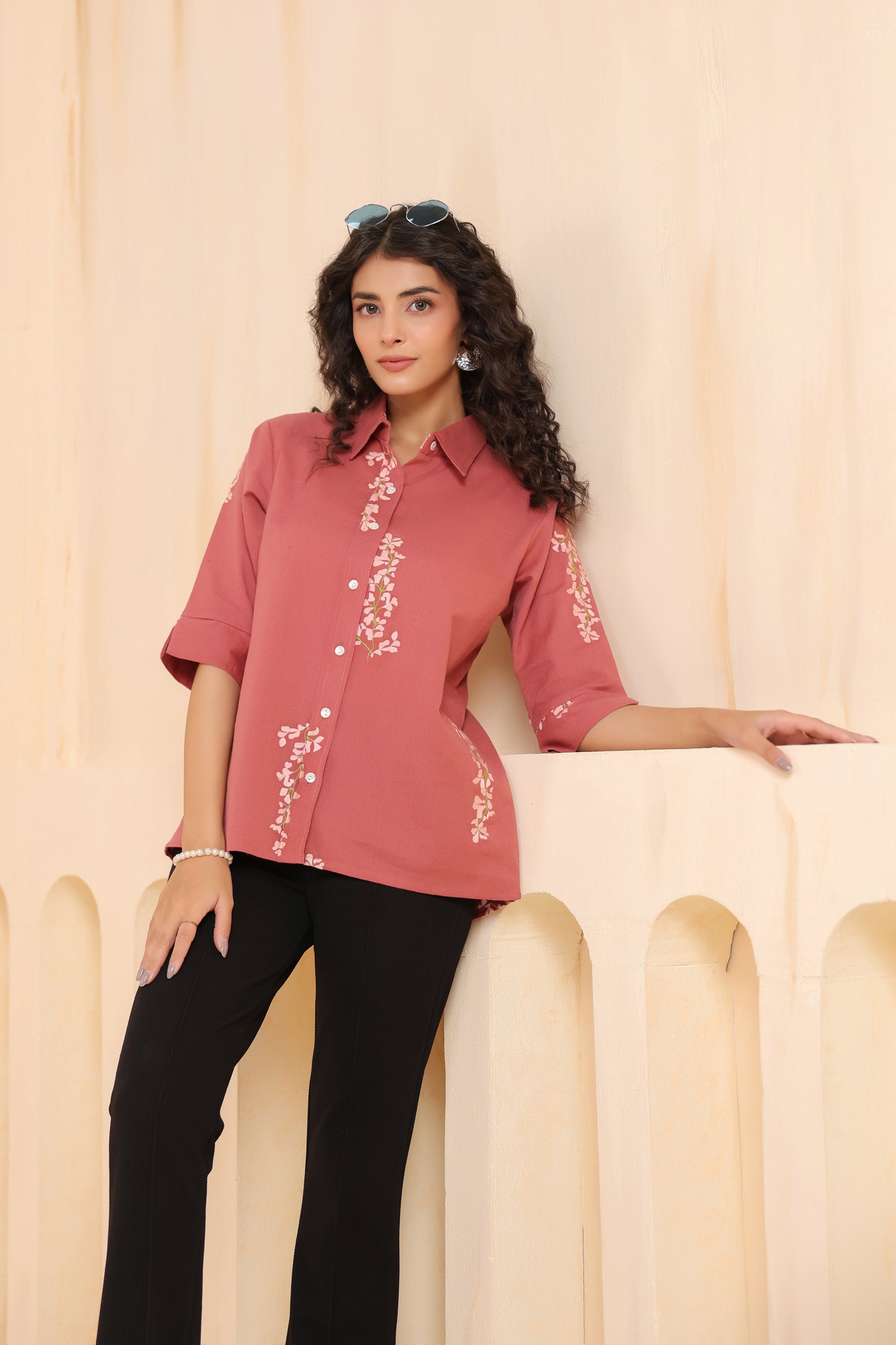Rosewood Blossom Embroidered Cotton Flex Shirt