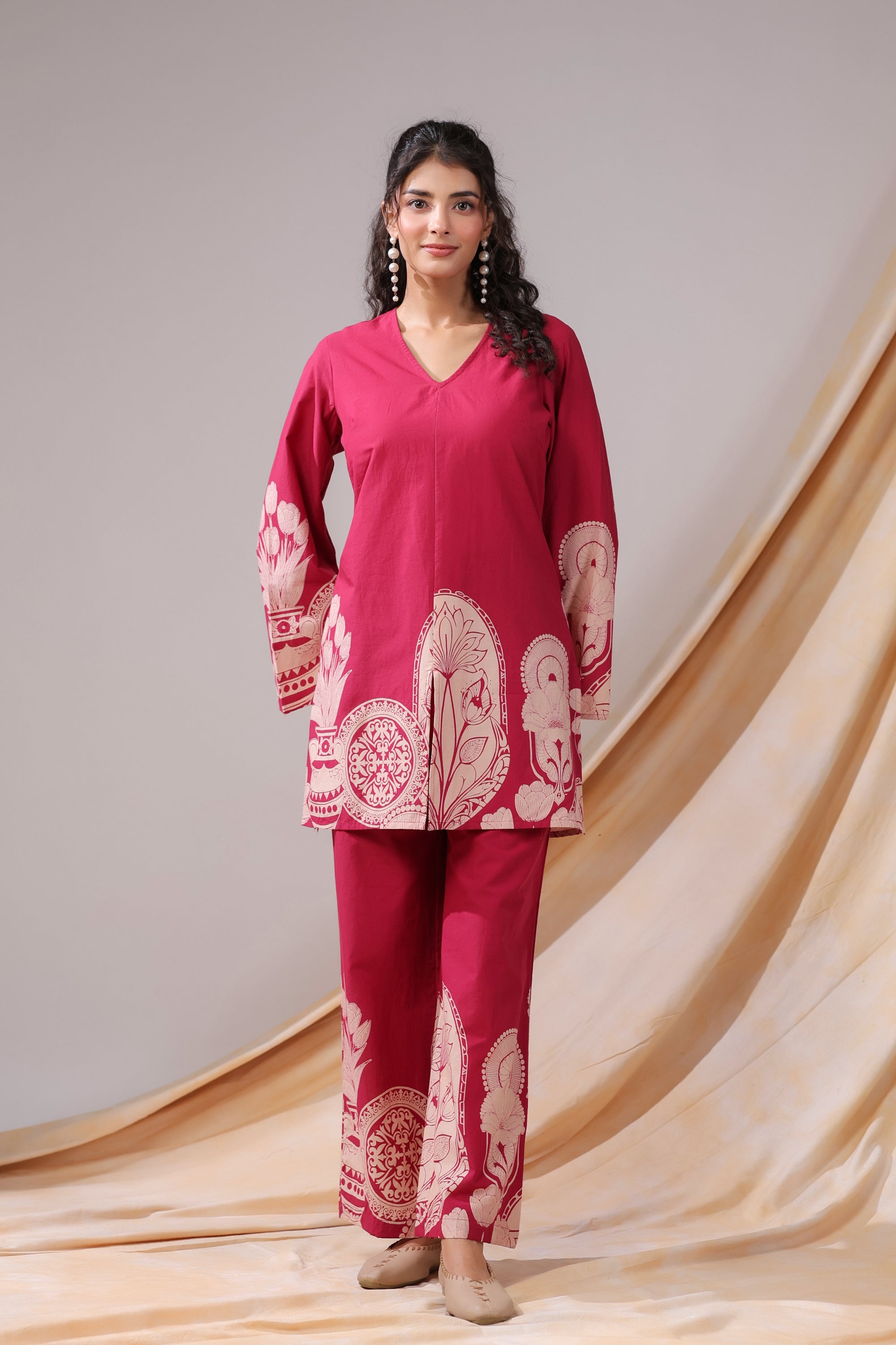 Pink Floral & Geometric Motifs Printed Cotton Co-ord Set