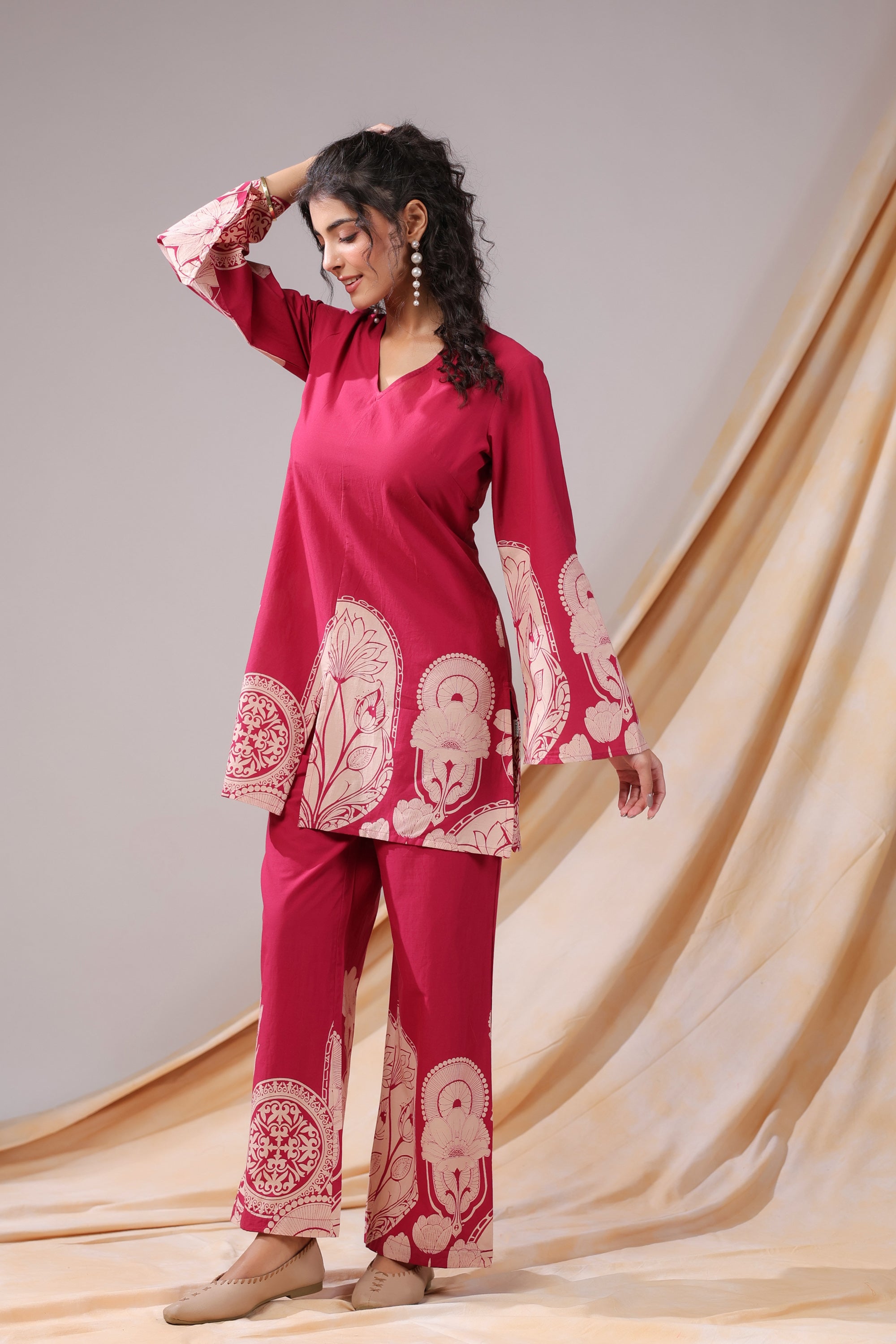 Pink Floral & Geometric Motifs Printed Cotton Co-ord Set