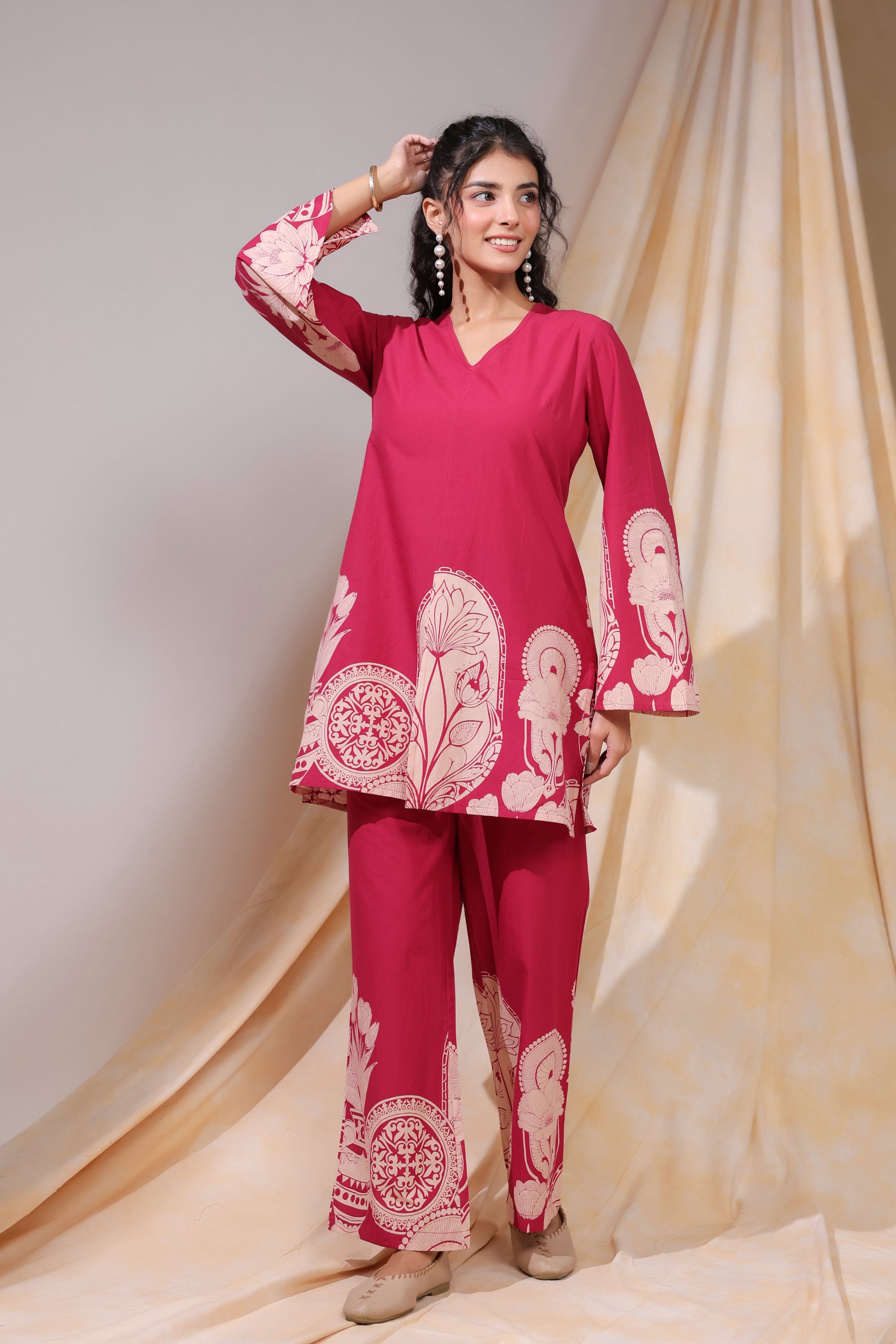 Pink Floral & Geometric Motifs Printed Cotton Co-ord Set