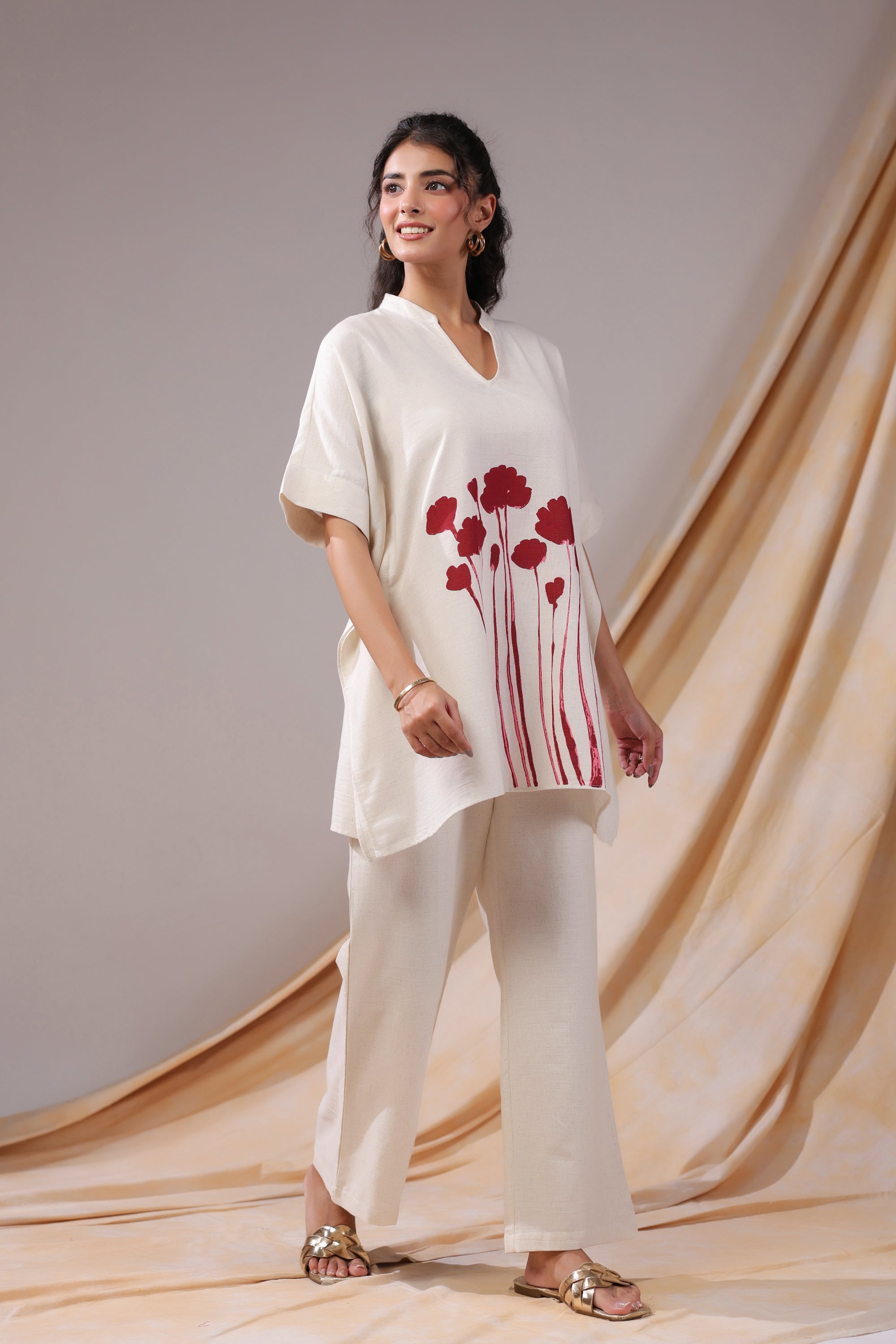 Off-White And Red Floral Print Tunic Cotton Flex Co-ord Set