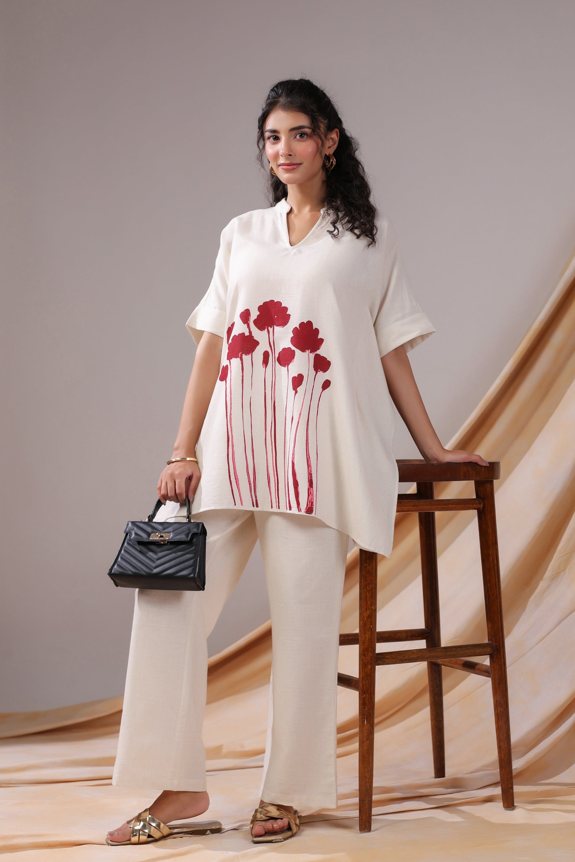 Off-White And Red Floral Print Tunic Cotton Flex Co-ord Set