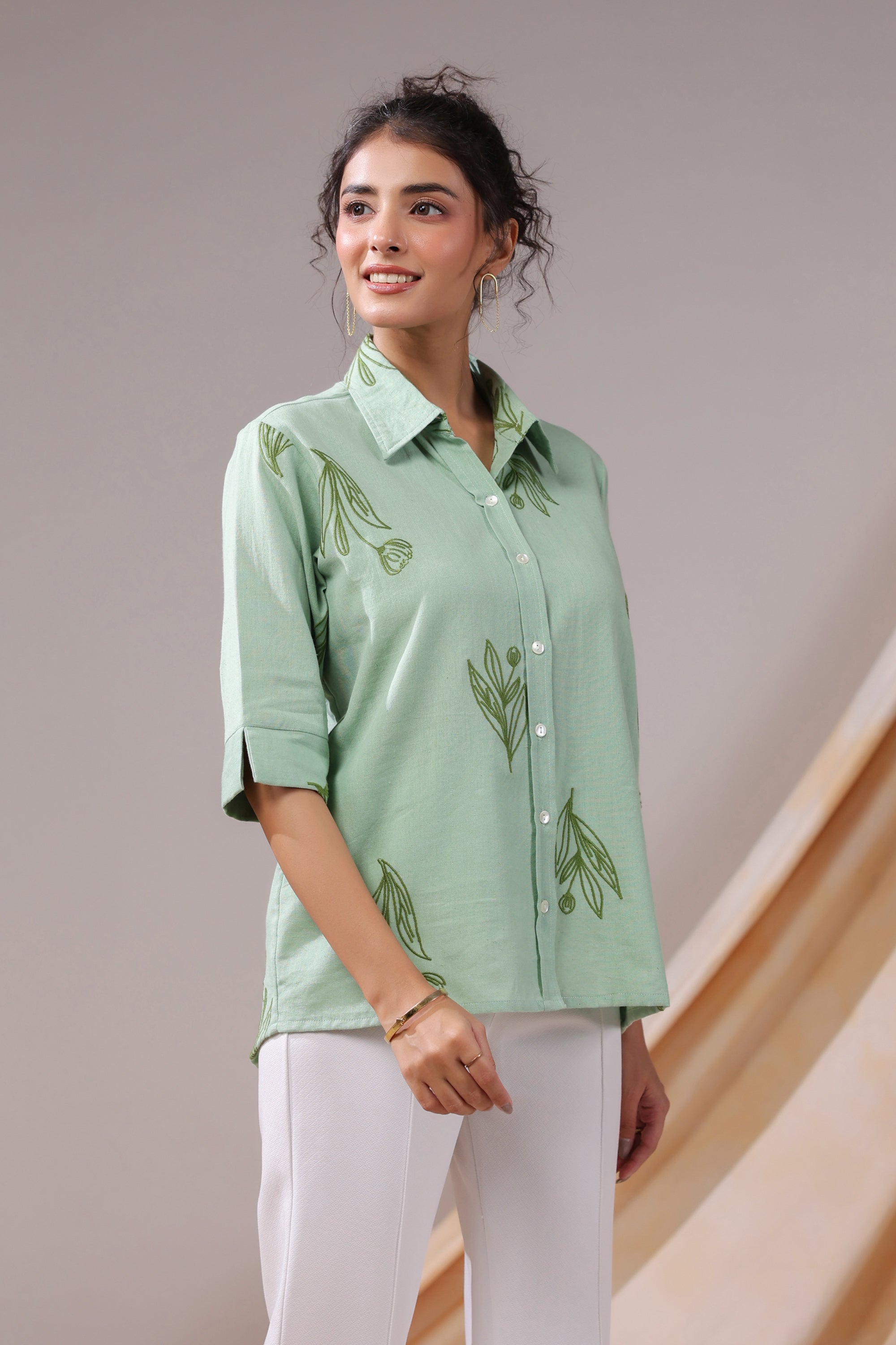 Sage Leafy Serenity Cotton Flex Shirt