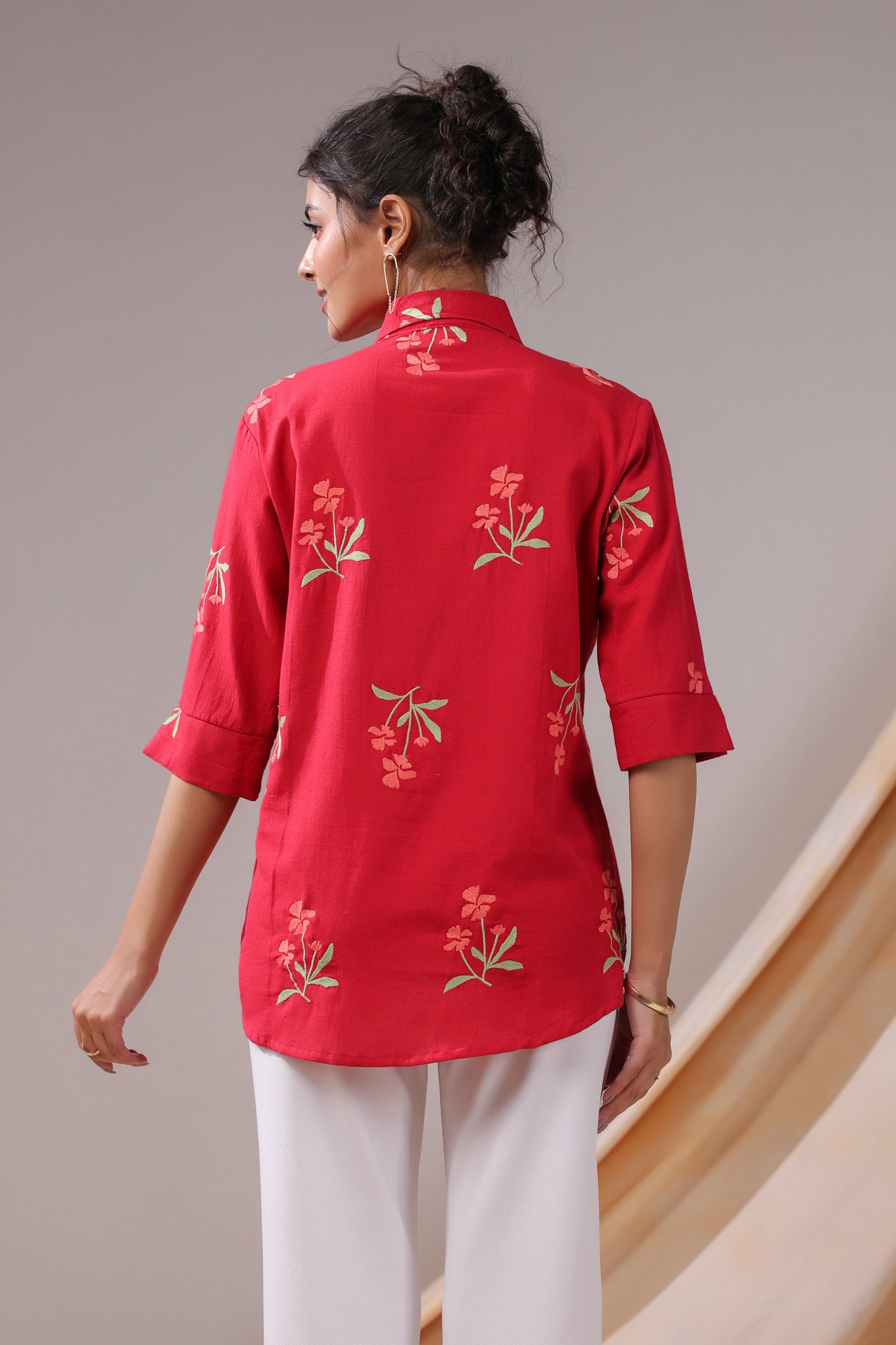 Crimson Petal Embroidered Cotton Flex Shirt