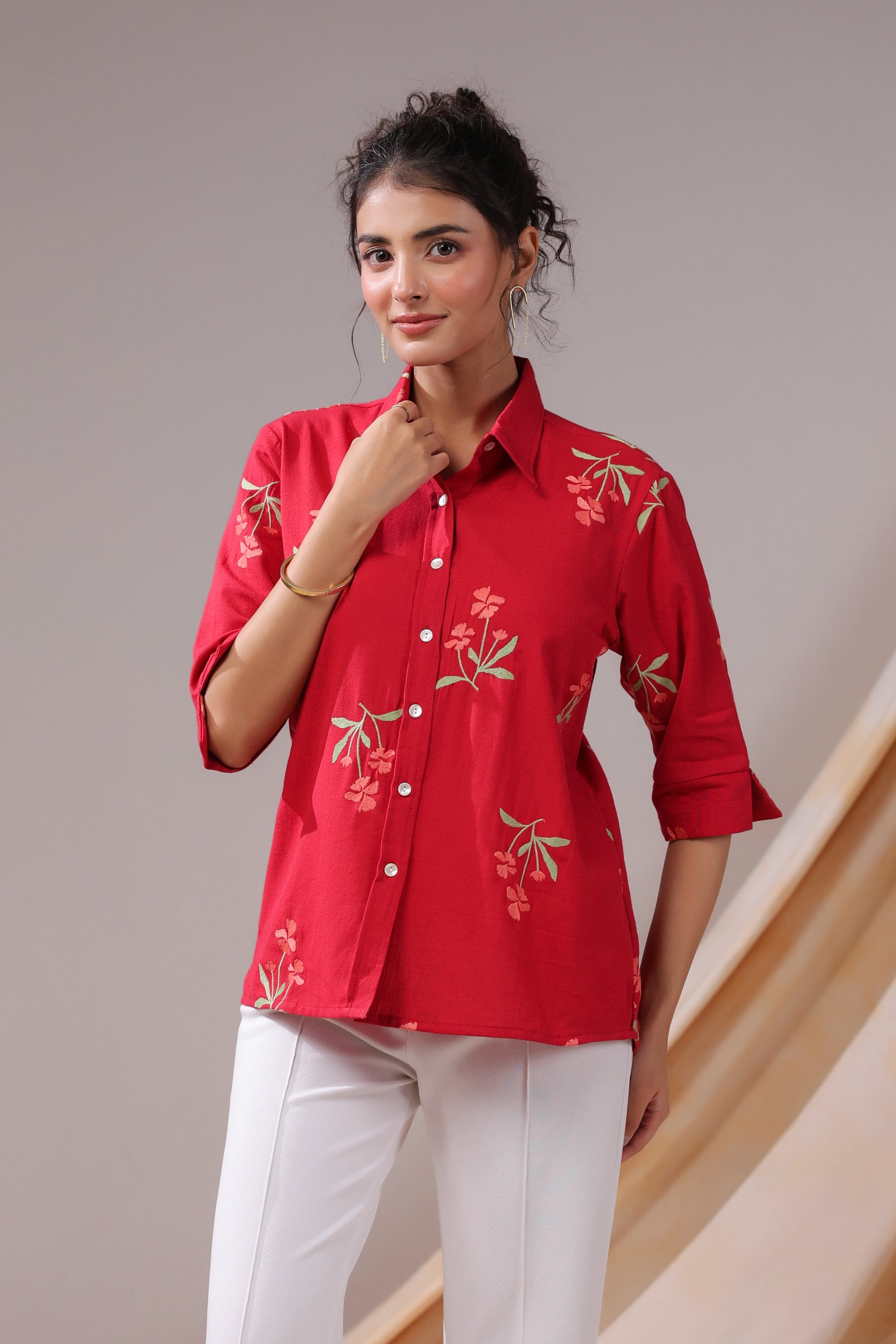Crimson Petal Embroidered Cotton Flex Shirt
