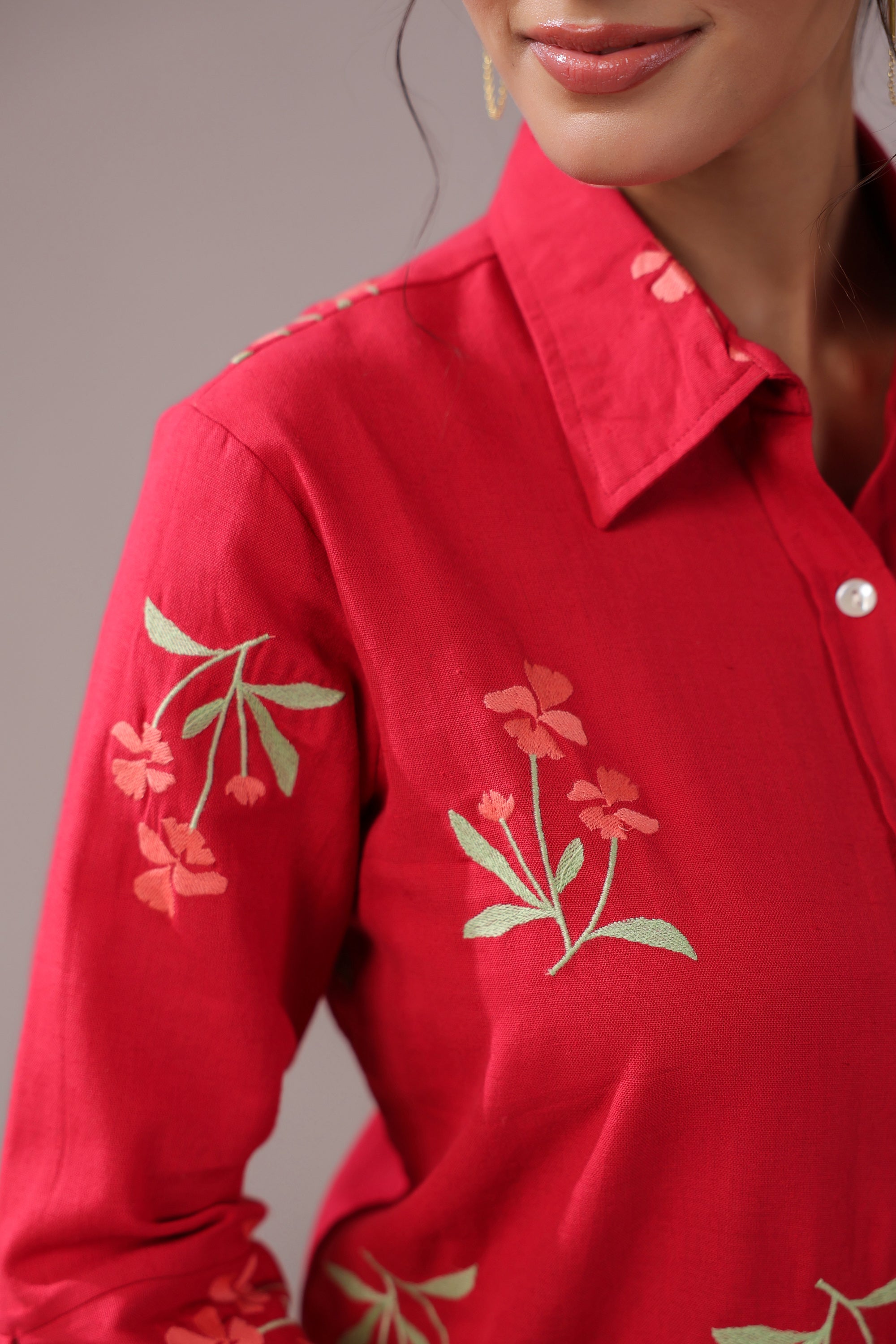 Crimson Petal Embroidered Cotton Flex Shirt