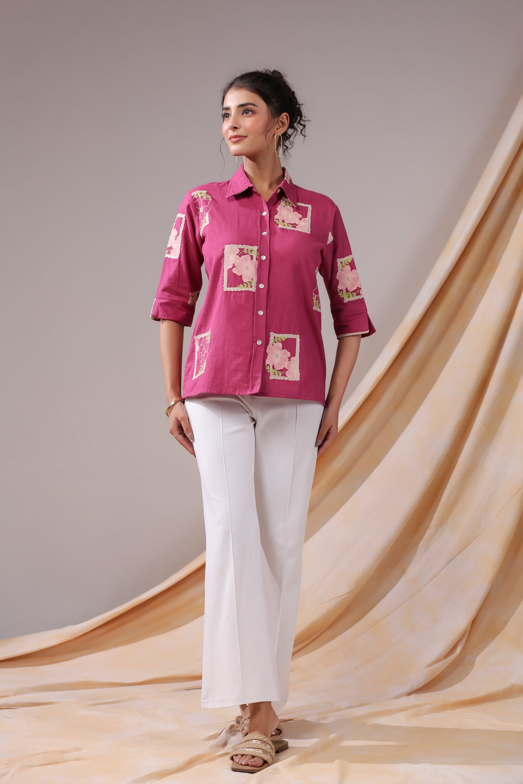 Fuchsia Patchwork Floral Cotton Flex Shirt