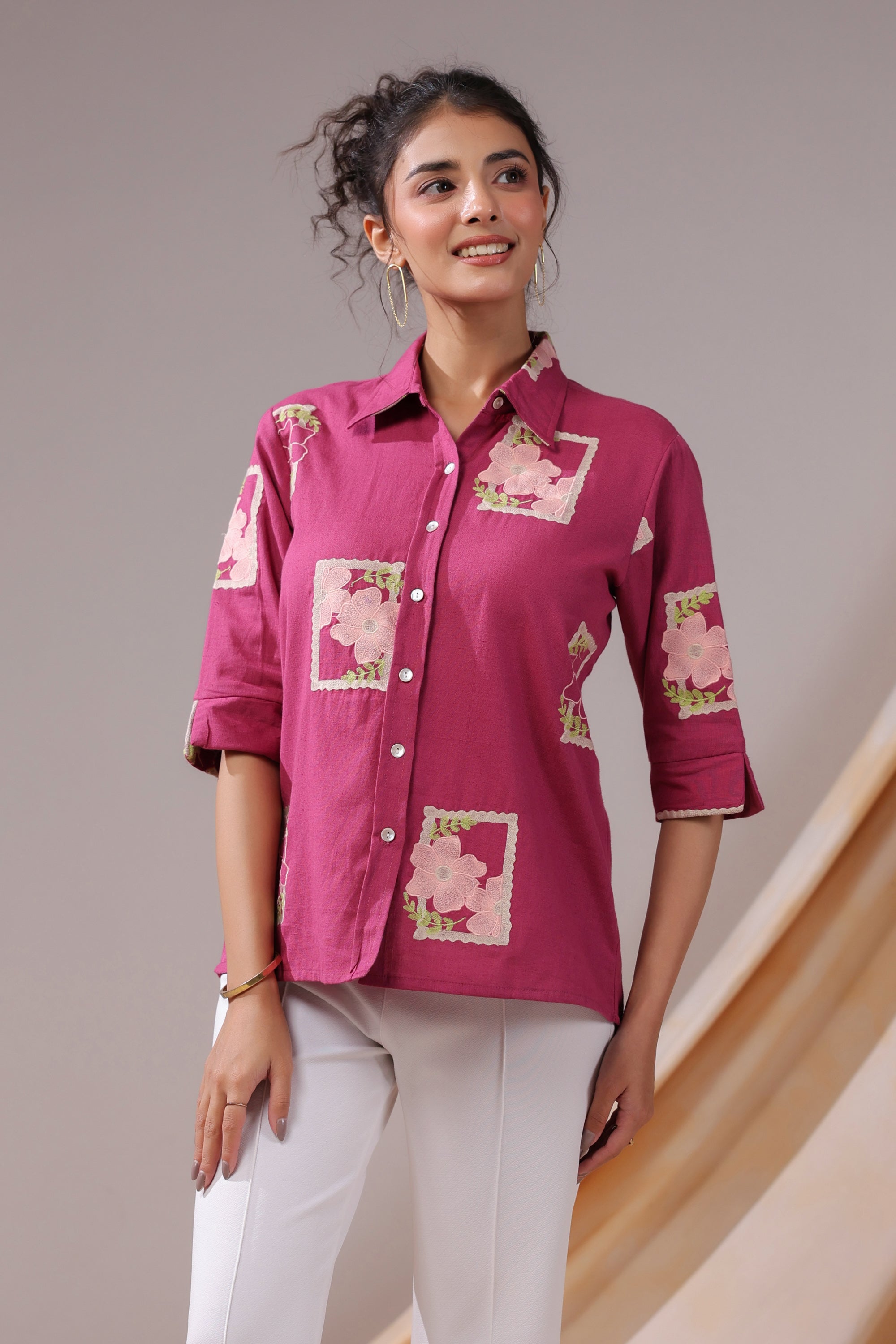 Fuchsia Patchwork Floral Cotton Flex Shirt
