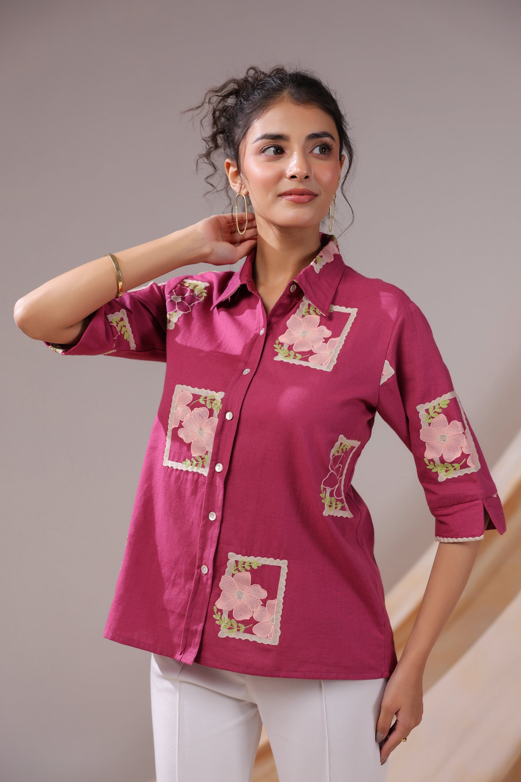 Fuchsia Patchwork Floral Cotton Flex Shirt