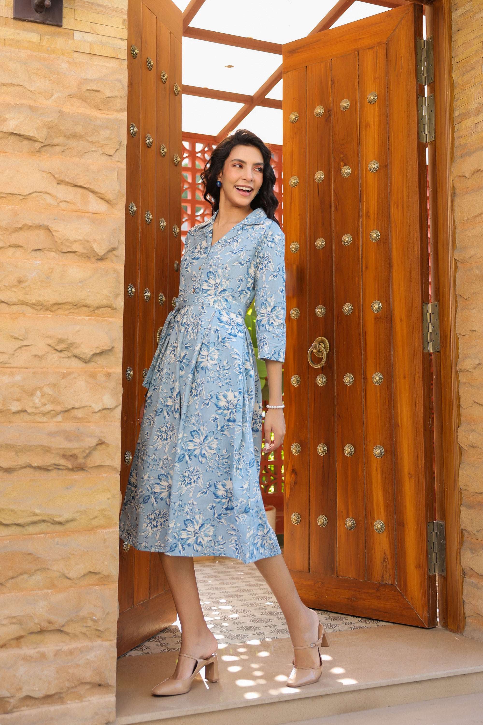 Powder Blue Floral Charm Cotton Flex Dress