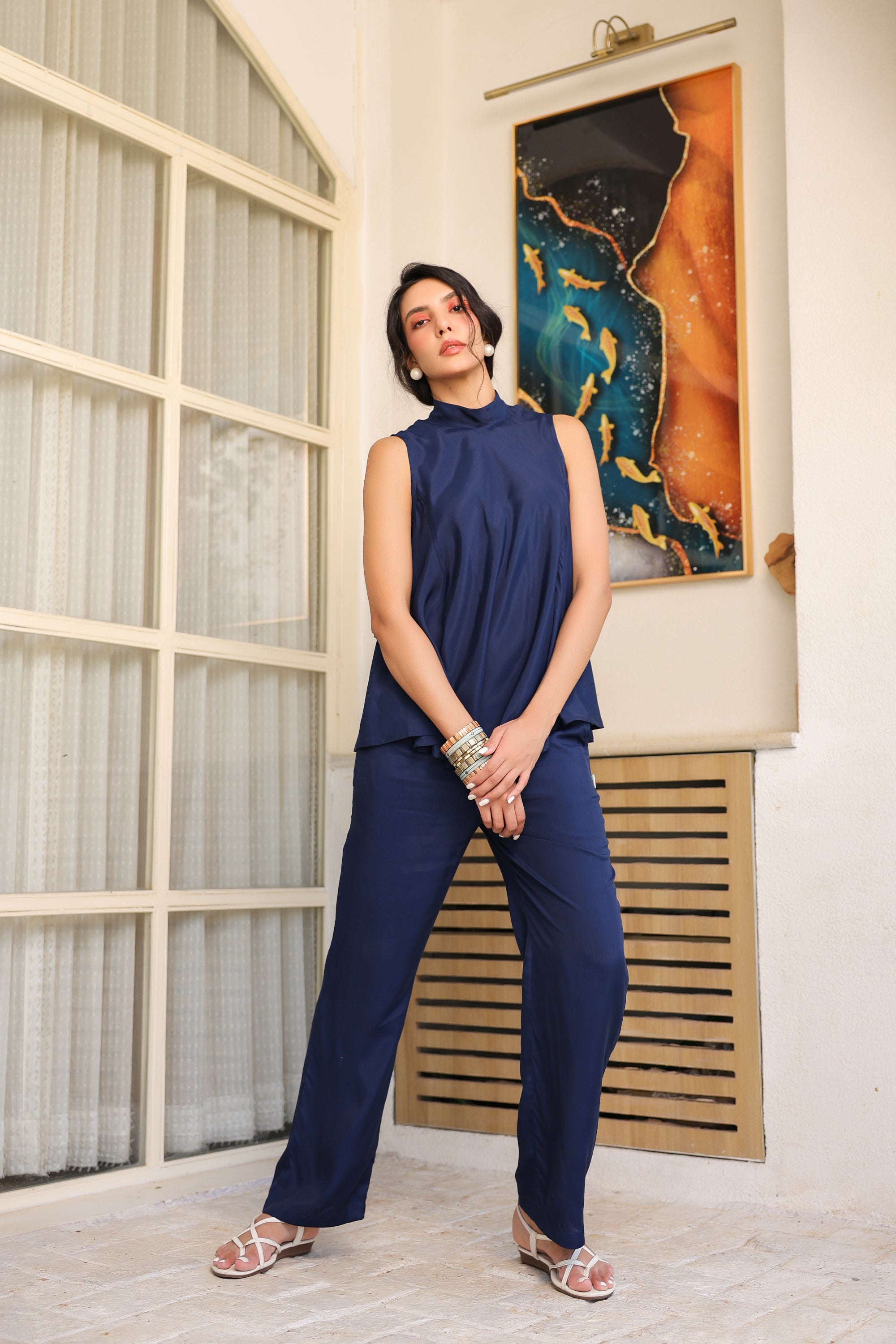 Oxford Blue Sleeveless Russian Silk Co-ord Set