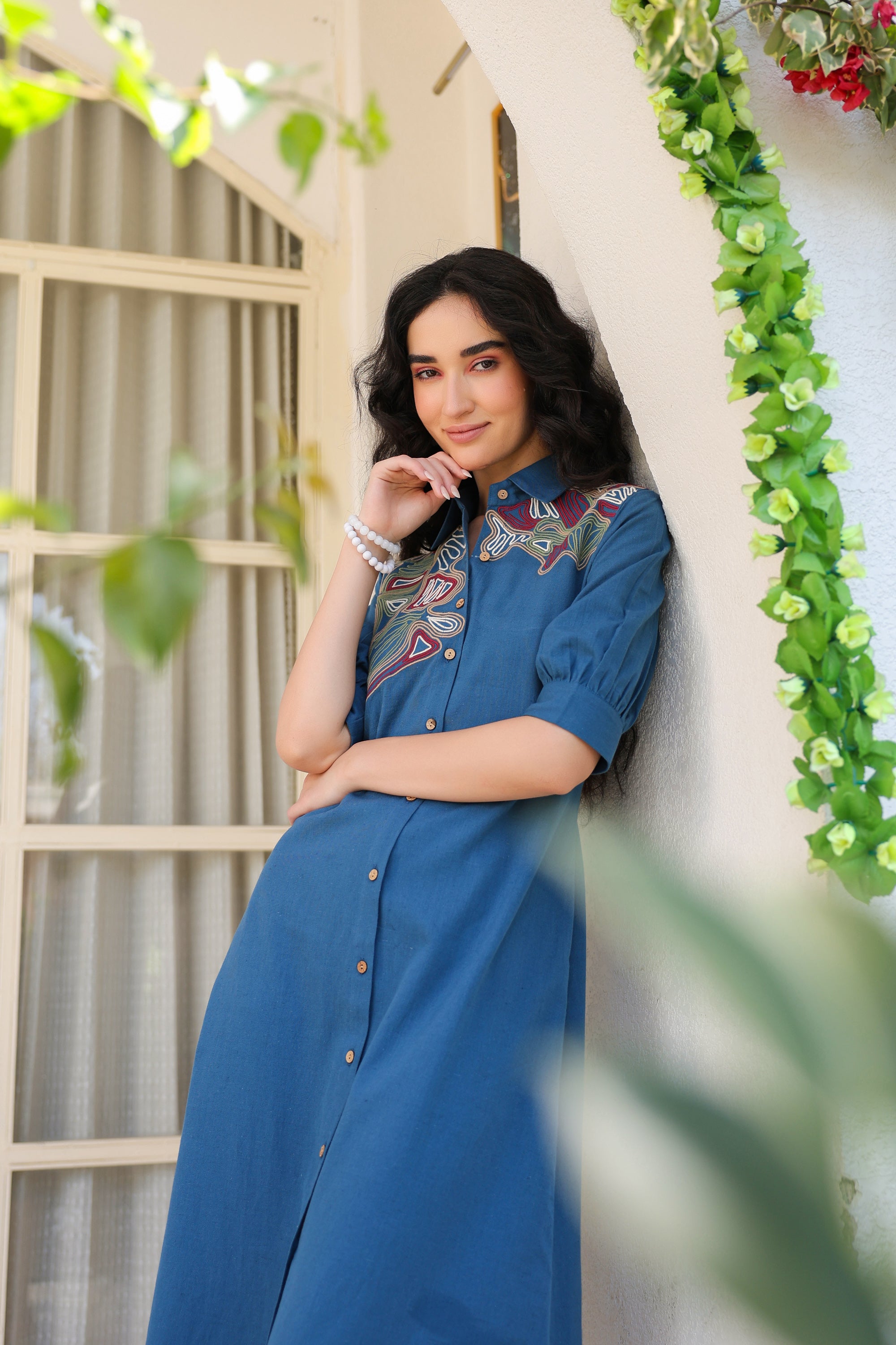 Blue Sand Shirt Dress with Embroidery