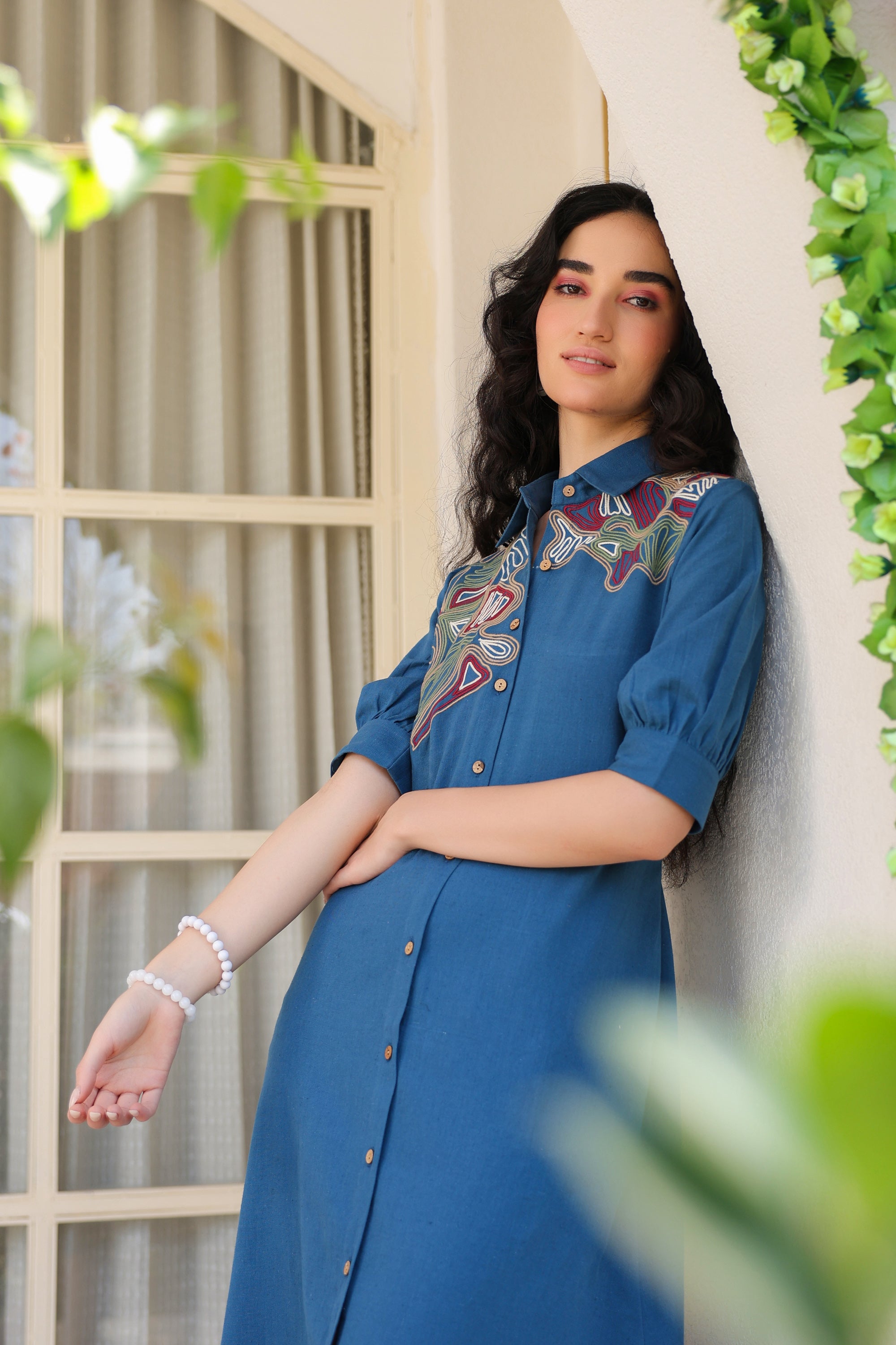 Blue Sand Shirt Dress with Embroidery