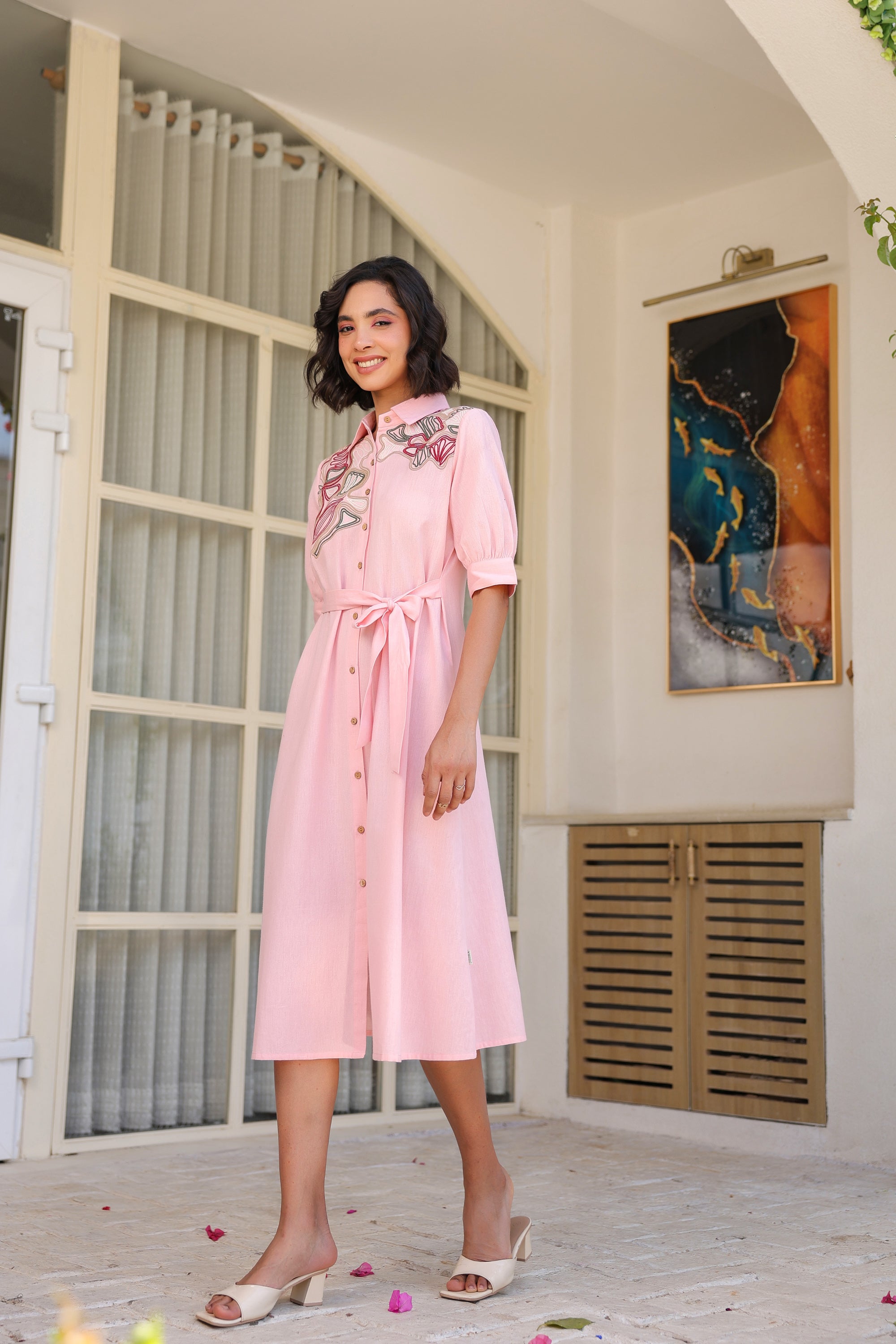 Pink Sand Shirt Dress with Embroidery